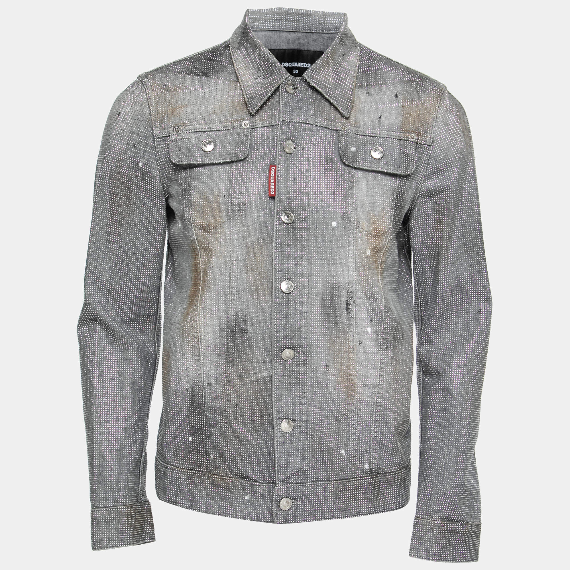 Dsquared2 Grey Splatter Effect Denim Metal Studded Jacket L