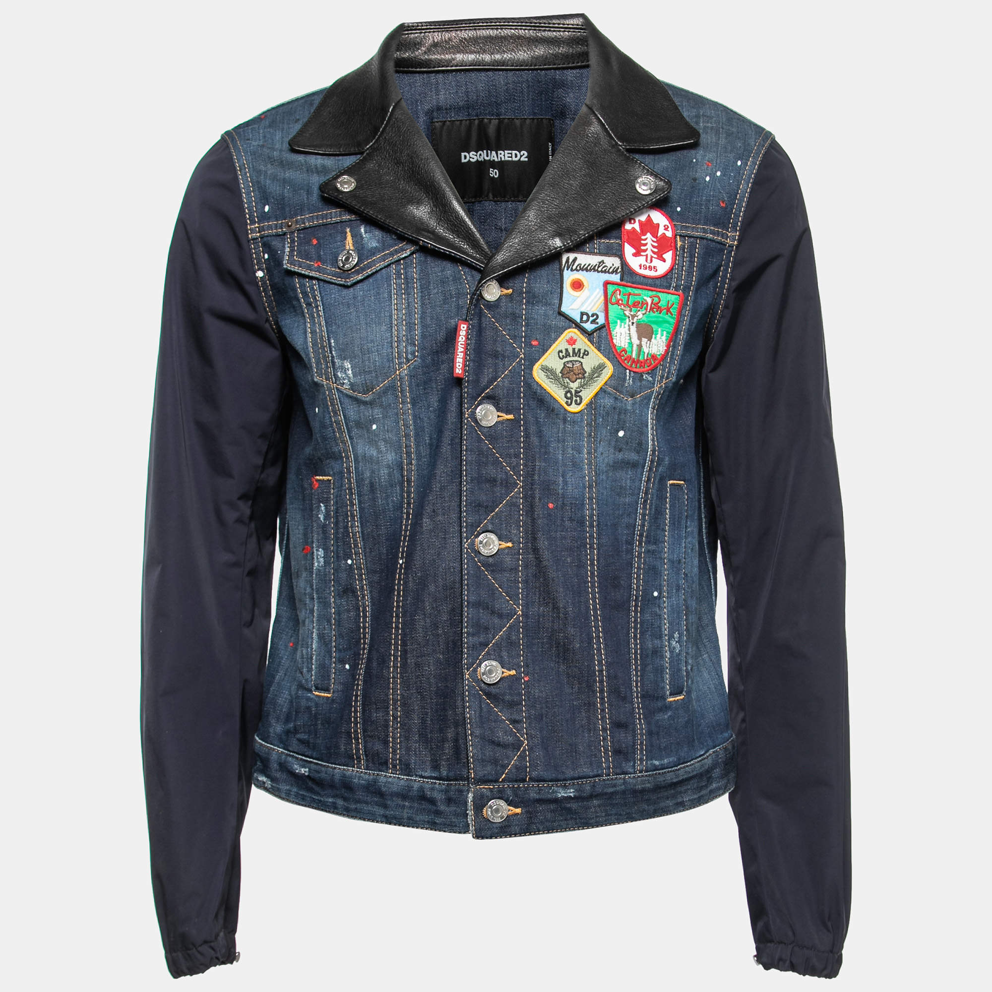 Dsquared2 Navy Blue Denim & Leather Collar Detail Jacket L