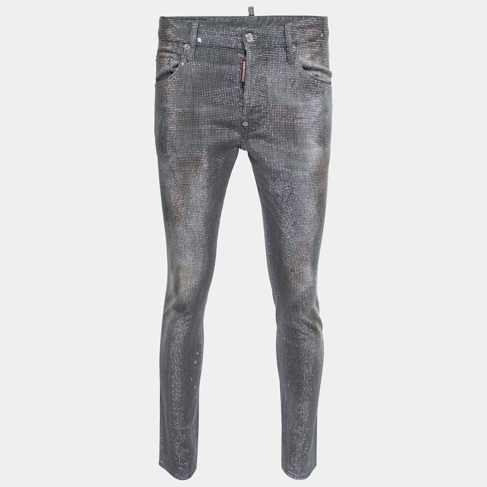 Dsquared2 Grey Distressed Studded Denim Slim Fit Jeans M Waist 34"