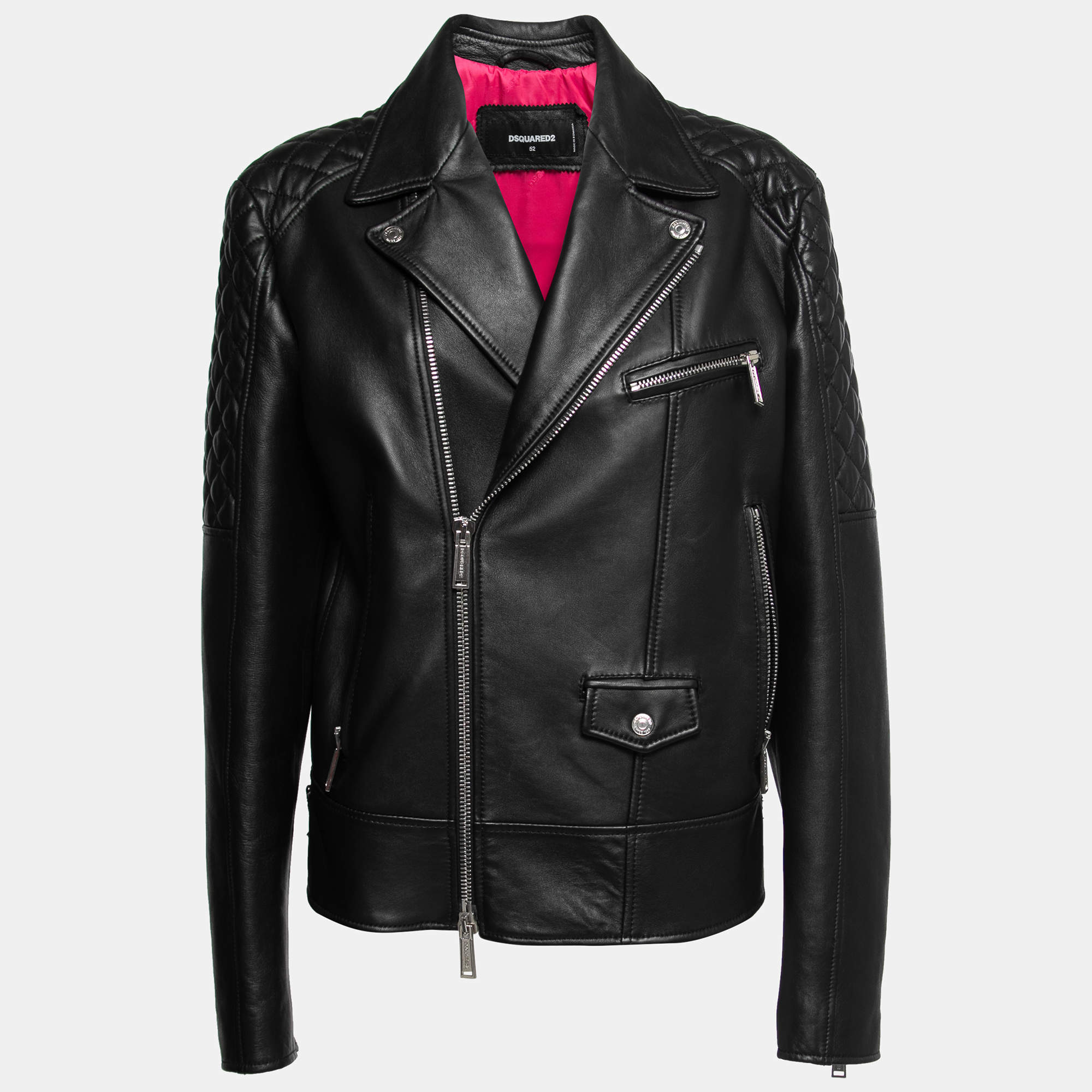Dsquared2 Black Leather Quilted Biker Jacket XL