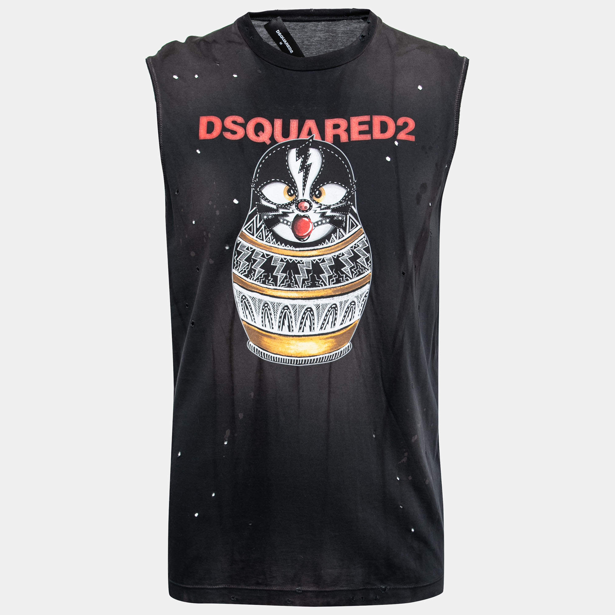 Dsquared2 Black Distressed Effect Kiss Print Cotton Sleeveless T-Shirt M