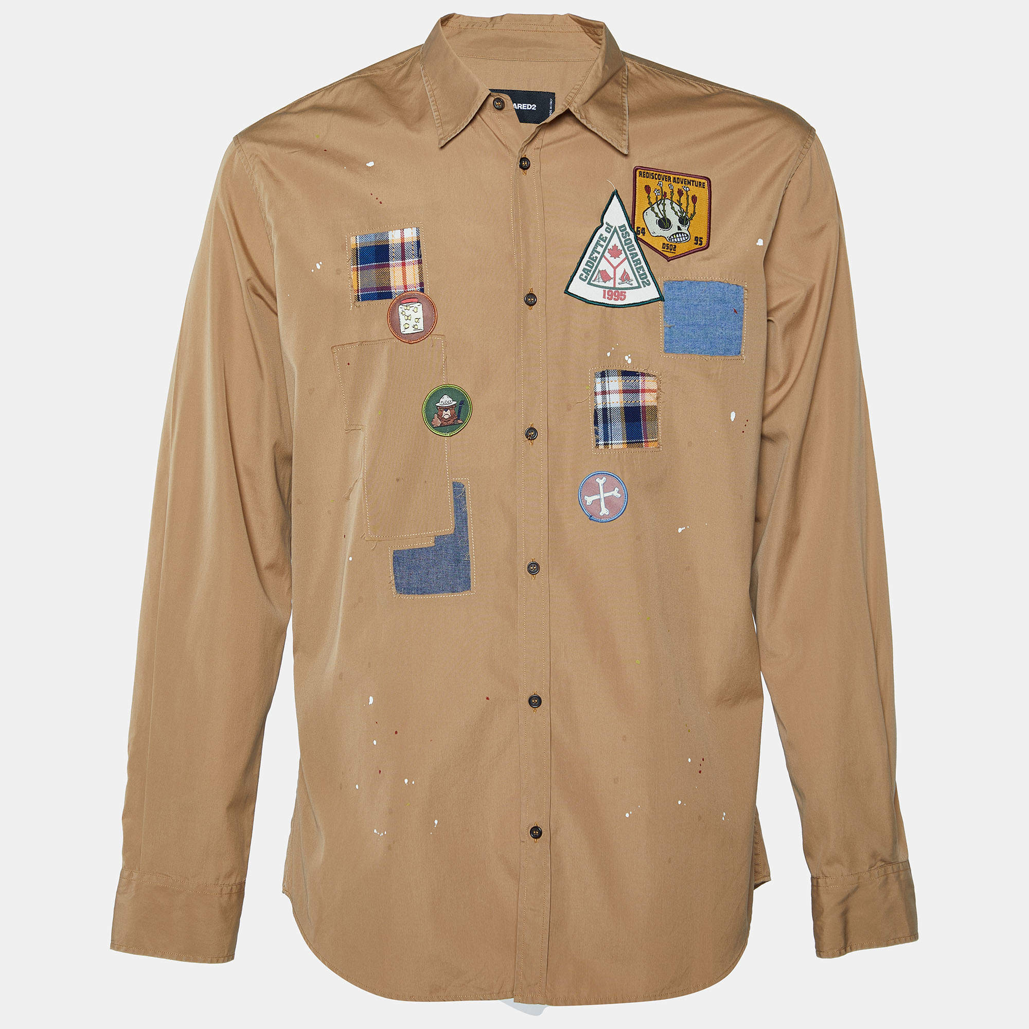 Dsquared2 Brown Cotton Applique Detail Button Front Shirt XL