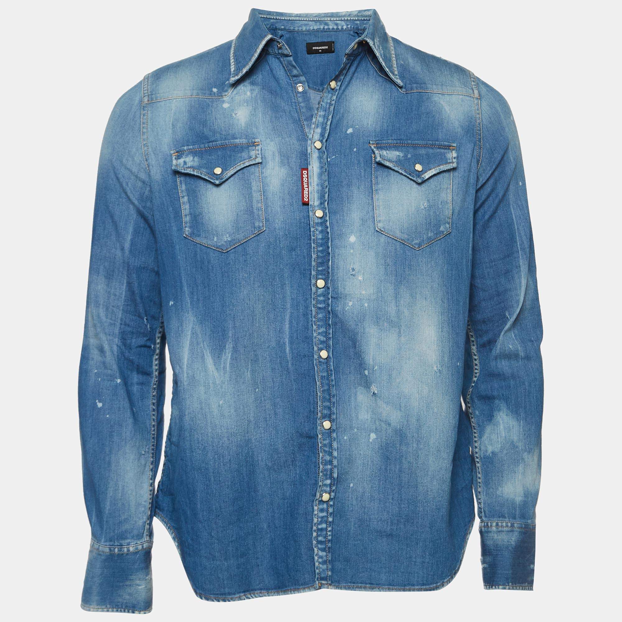 Pre Owned Dsquared2 Blue Ripped Denim Long Sleeve Shirt L