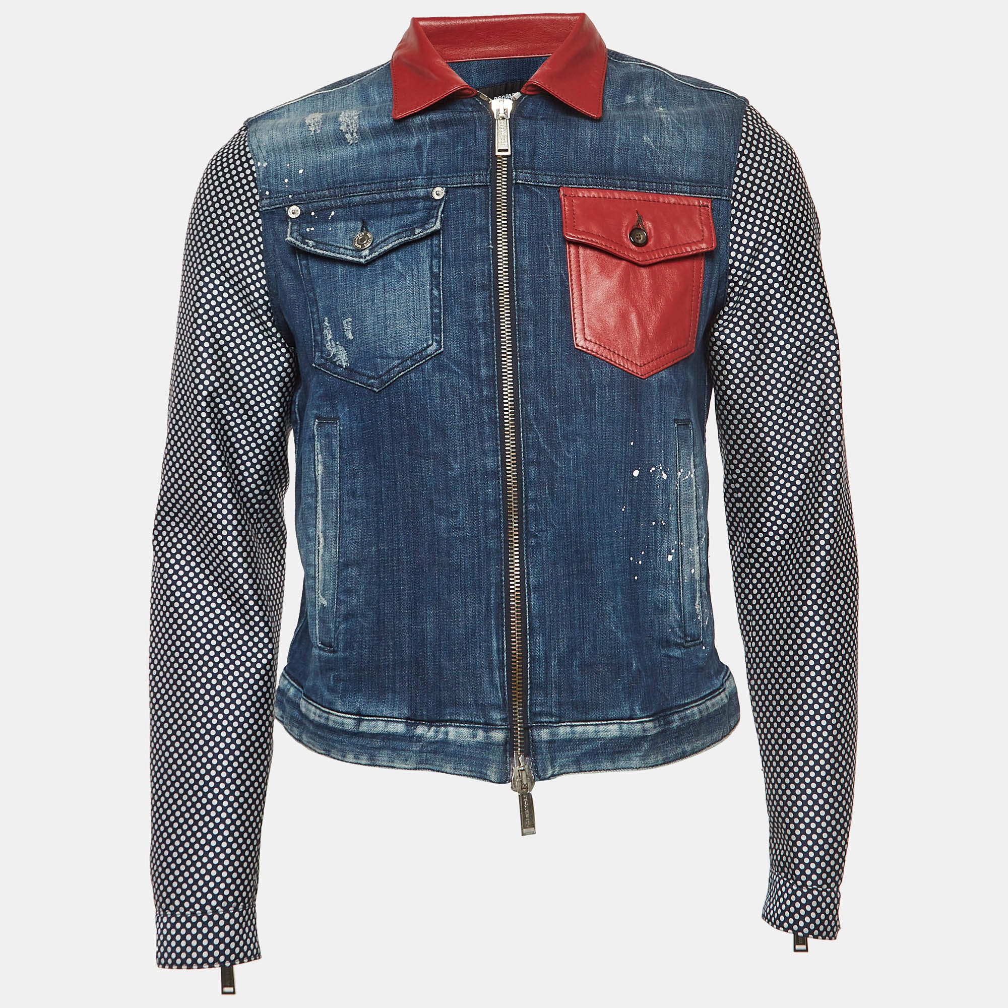 Dsquared2 Navy Blue Polka Dots Leather Trim Denim Jacket M