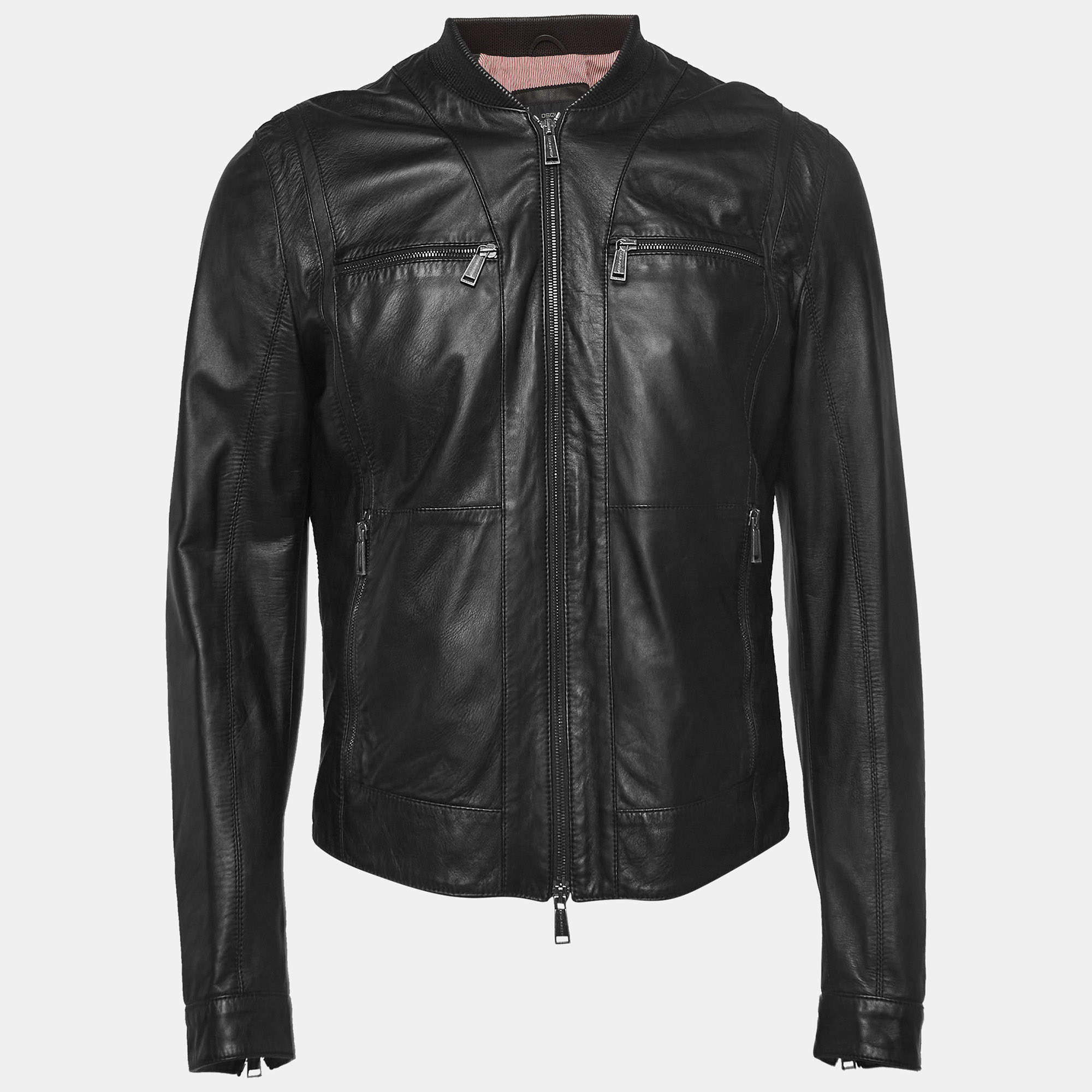 Dsquared2 Black Leather Zipper Front Jacket L