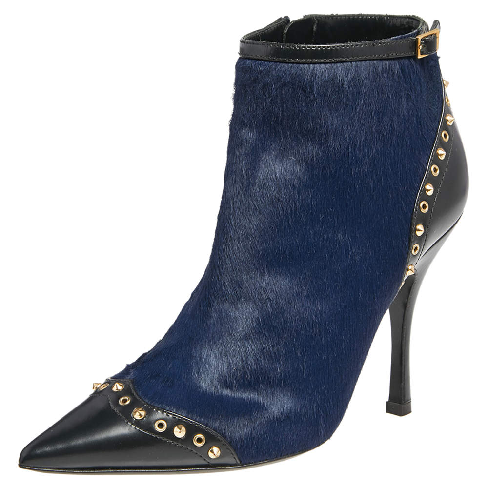 Pre Owned DSquared Navy Blue/Black Calf Hair And Leather Booties Size 37