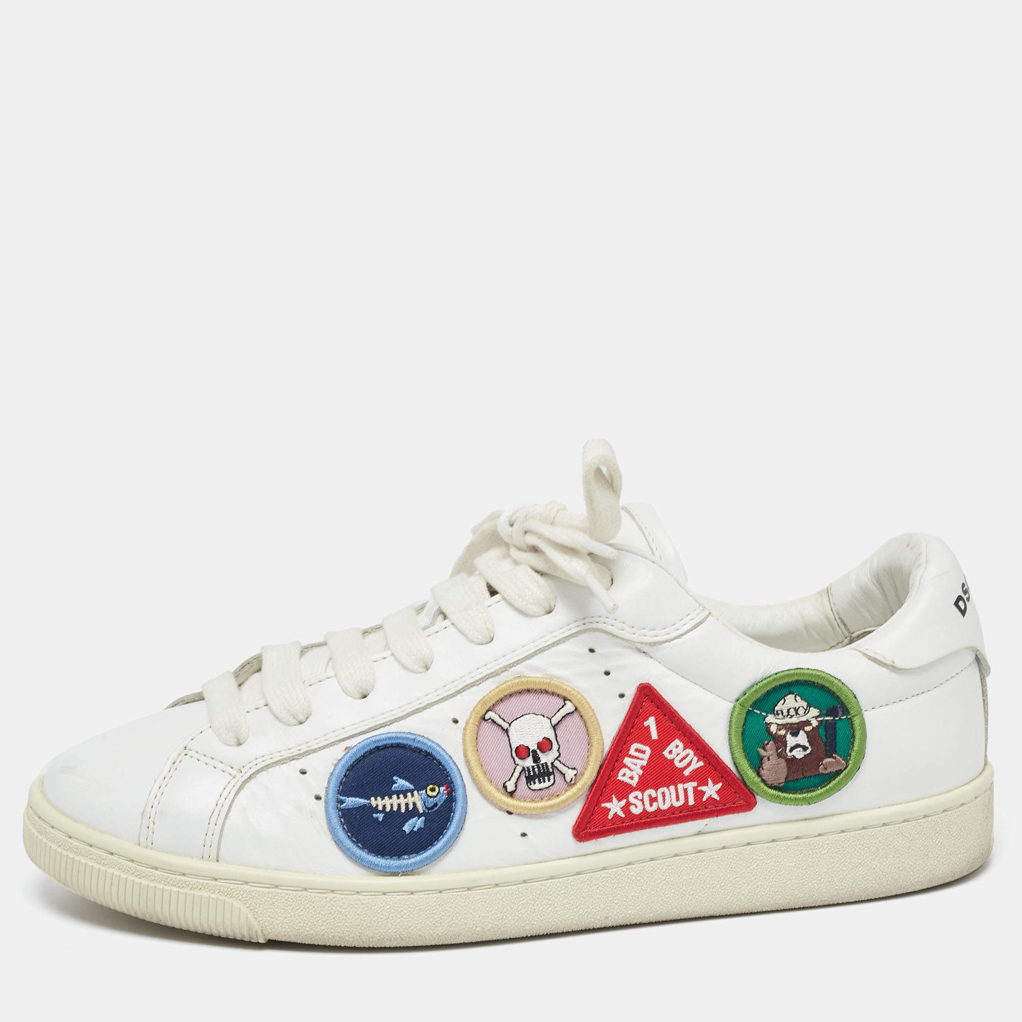 Dsquared2 White Leather Embroidered Patch Work Lace Up Sneakers Size 42