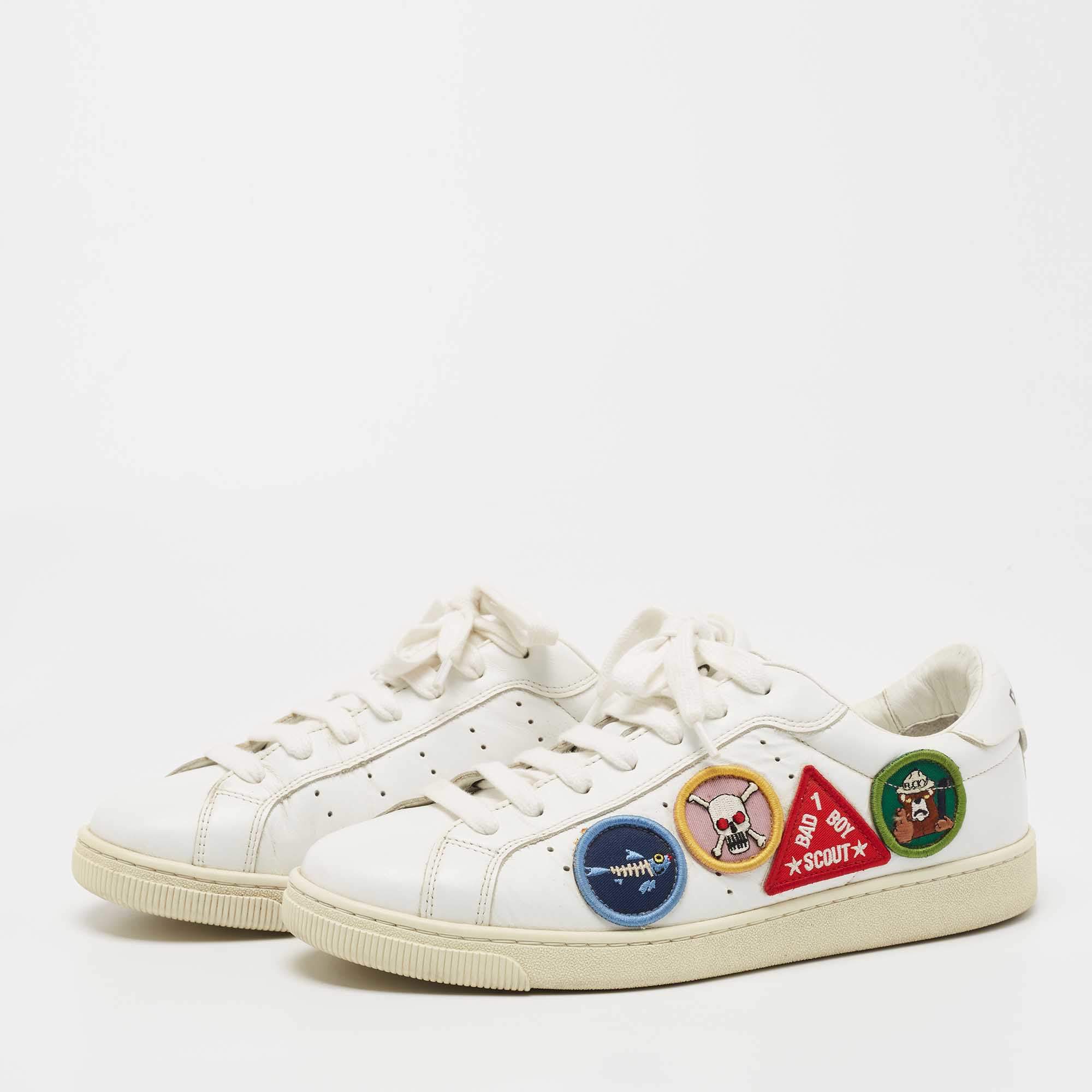 Dsquared2 White Leather Embroidered Patch Work Lace Up Sneakers