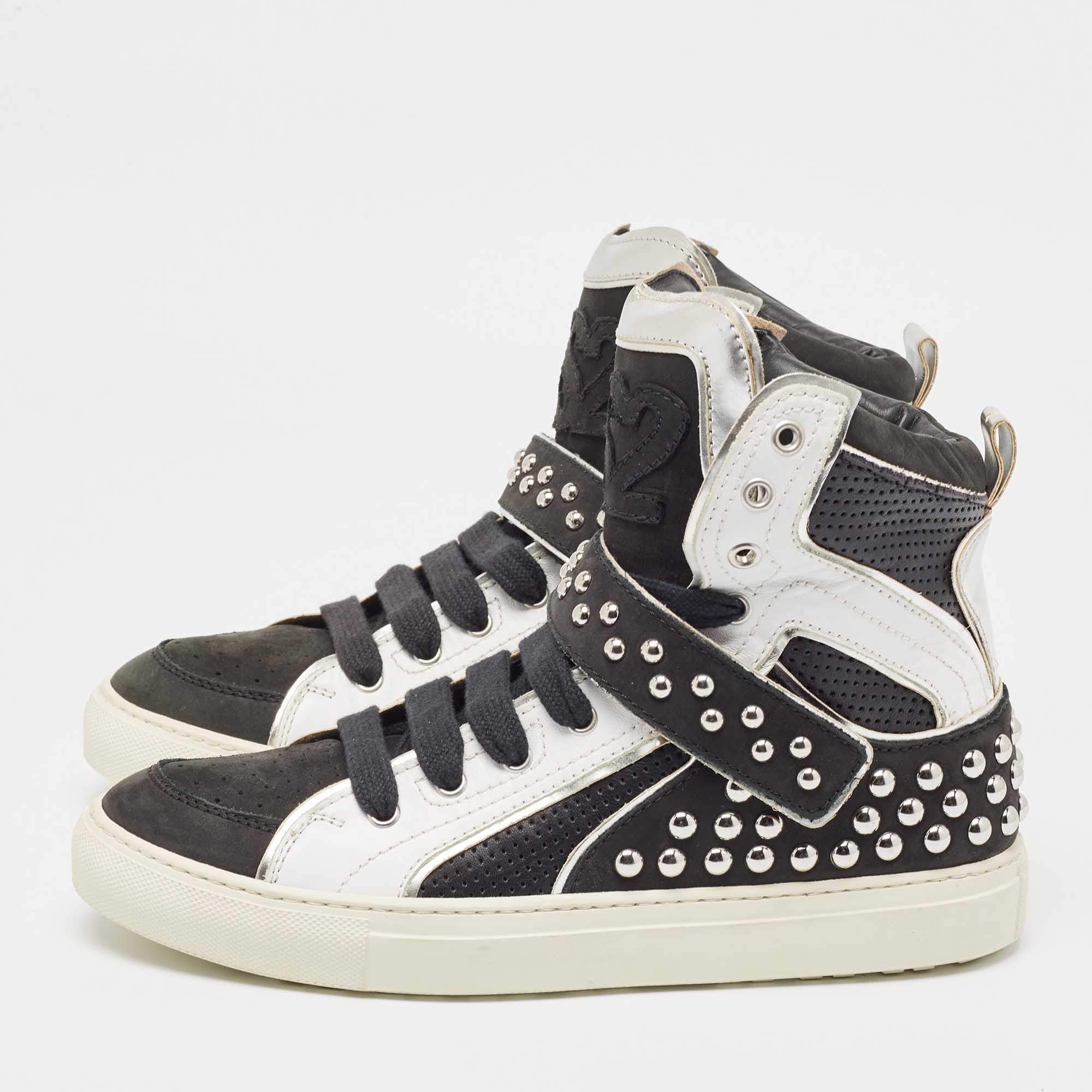 Dsquared2 Black Silver Leather Studded High Top Sneakers Size 41 Dsquared2 TLC