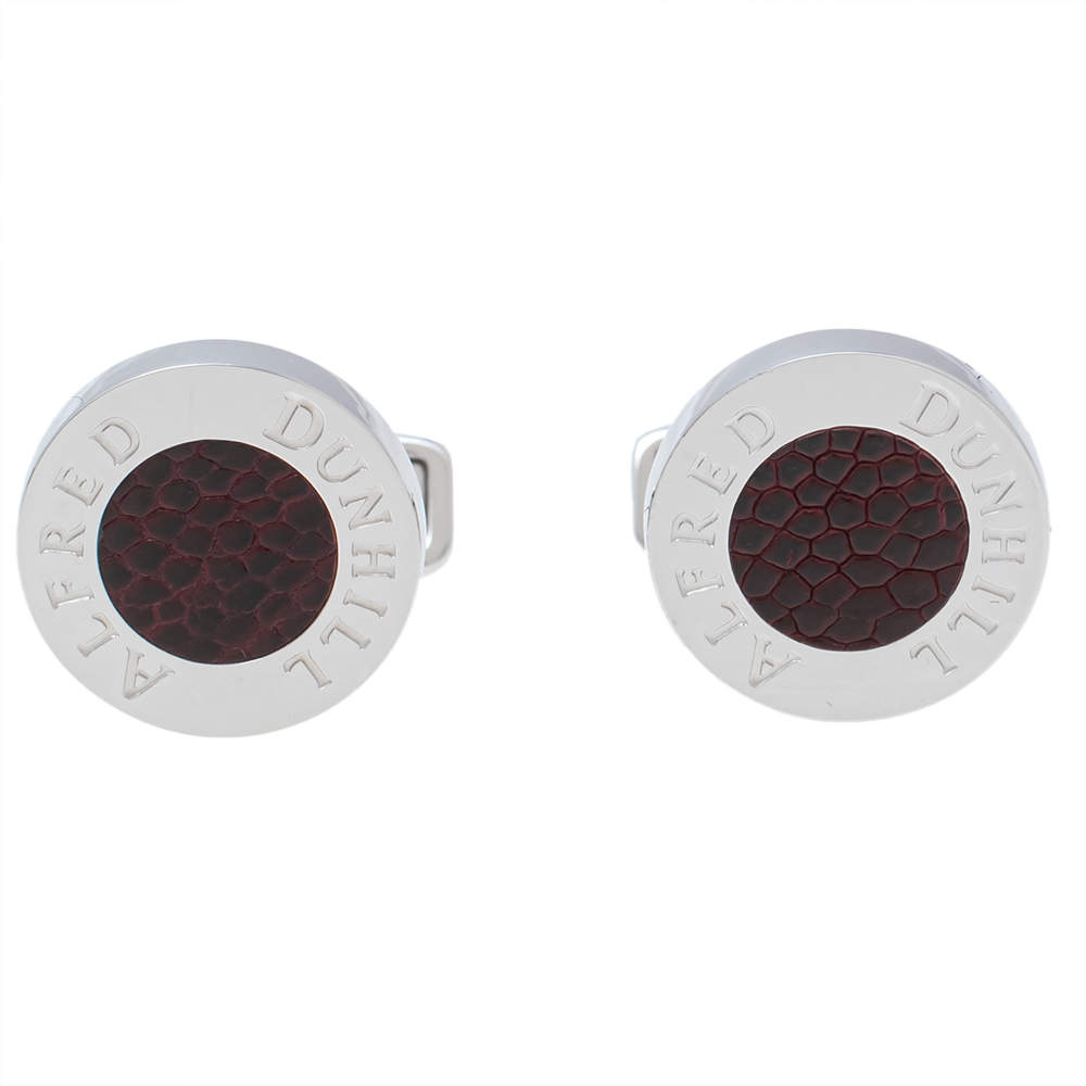 Pre Owned Dunhill Burgundy Leather Sterling Silver Cufflinks