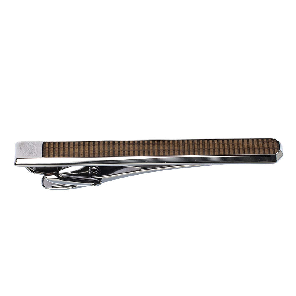 Pre Owned Dunhill Brown Textured Wooden Inlay Silver Tone Tie Bar Clip