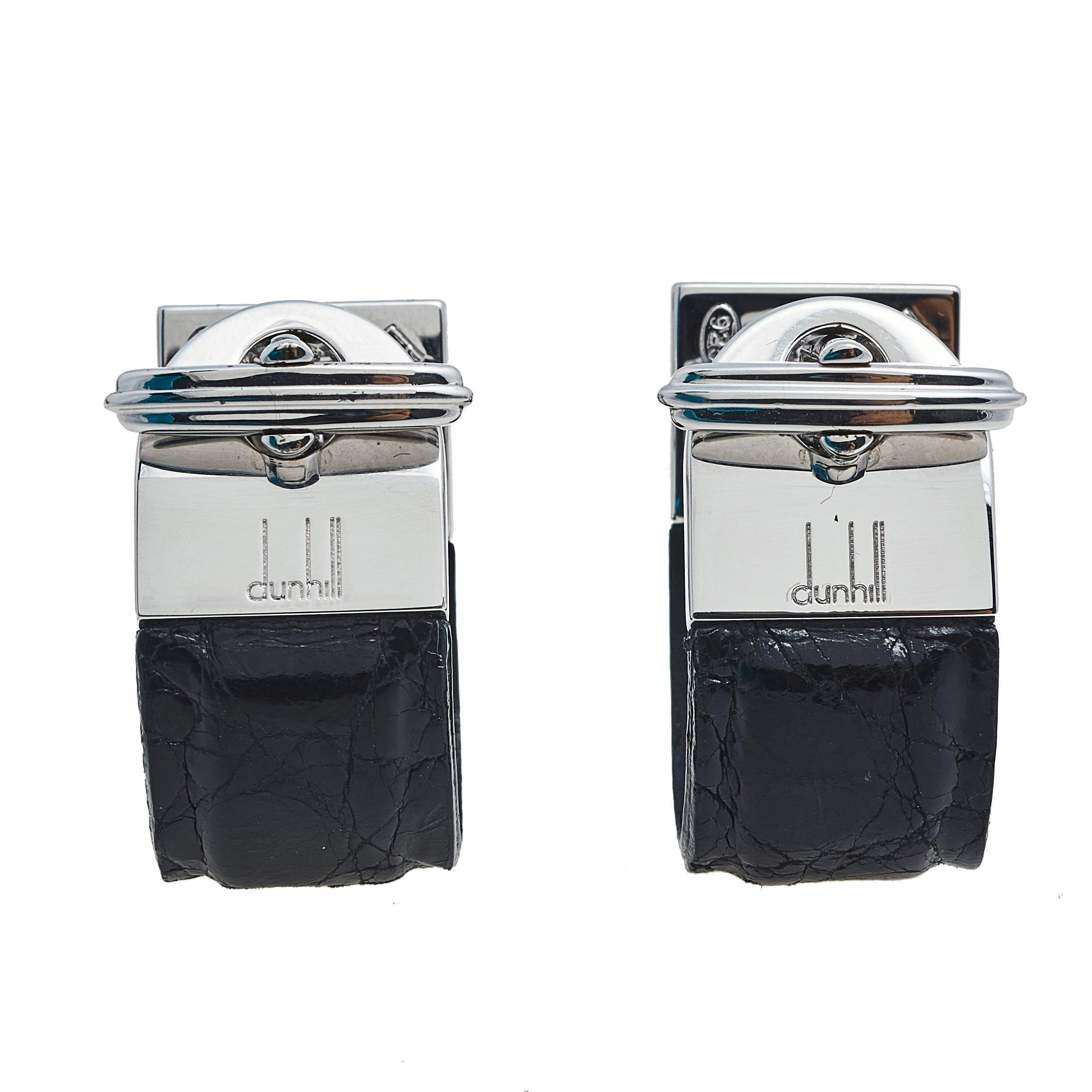Dunhill Black Leather & Silver Wrap Around Cufflinks