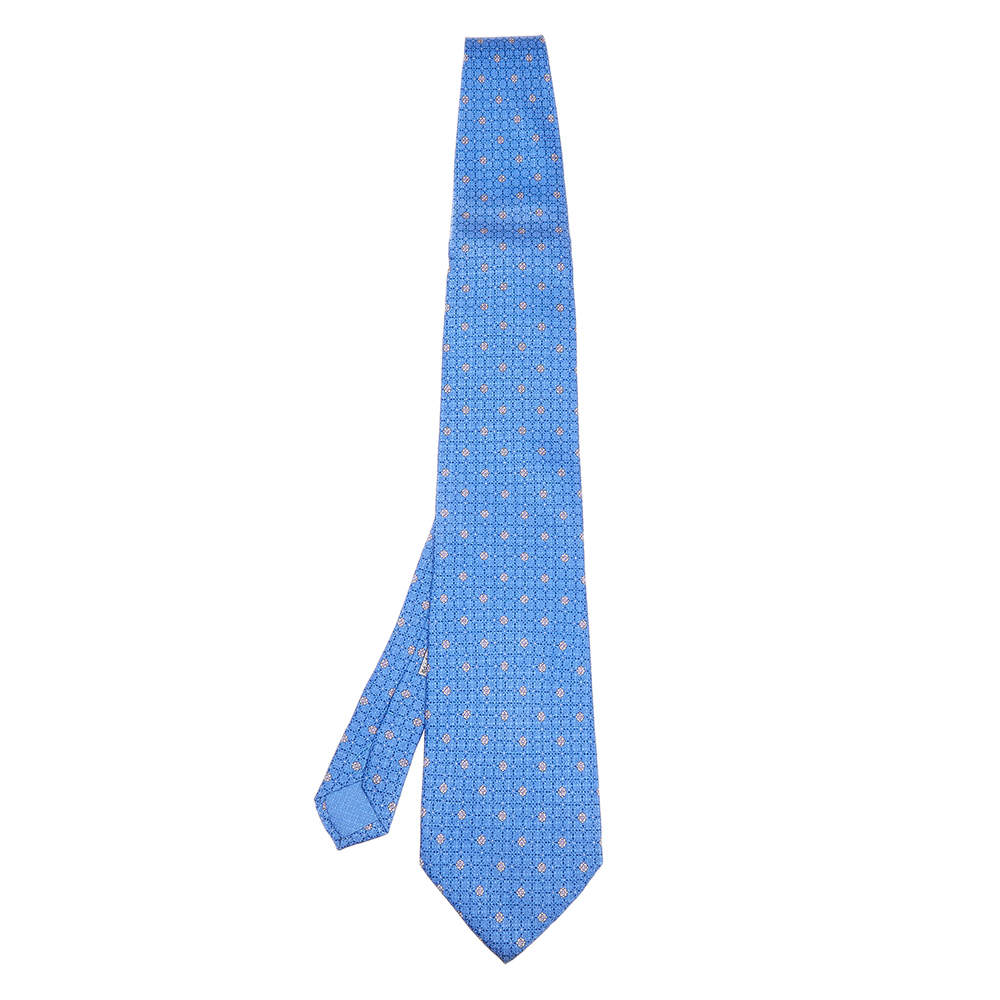 Pre Owned Dunhill Blue Floral Motif Jacquard Silk Tie