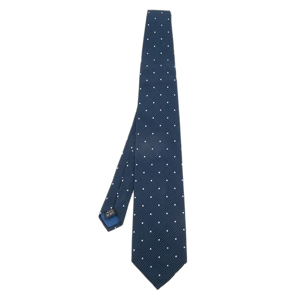Pre Owned Alfred Dunhill Navy Blue Polka Dot Pattern Silk Jacquard Tie