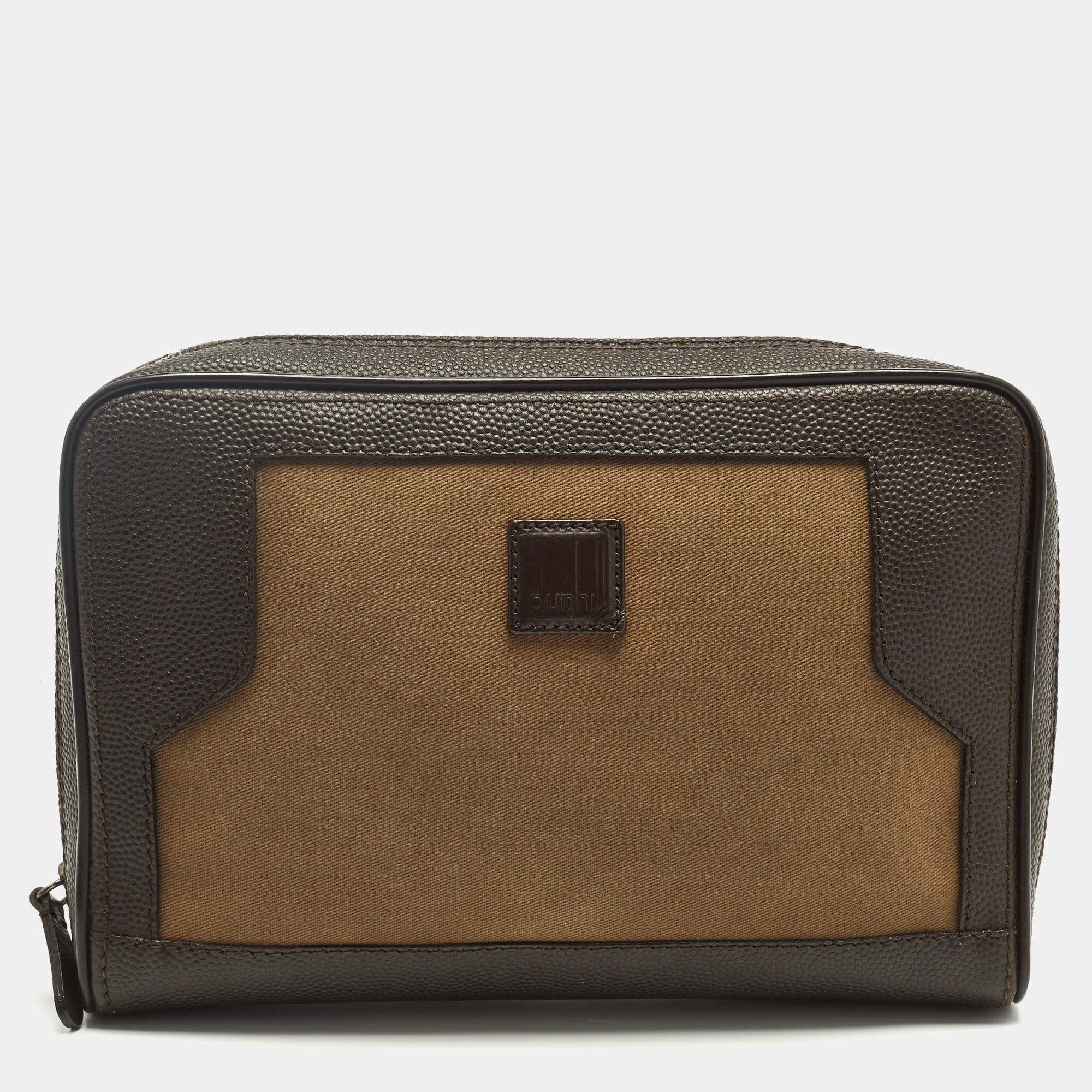 Pre Owned Dunhill Brown Canvas and Leather Logo Zip Pouch