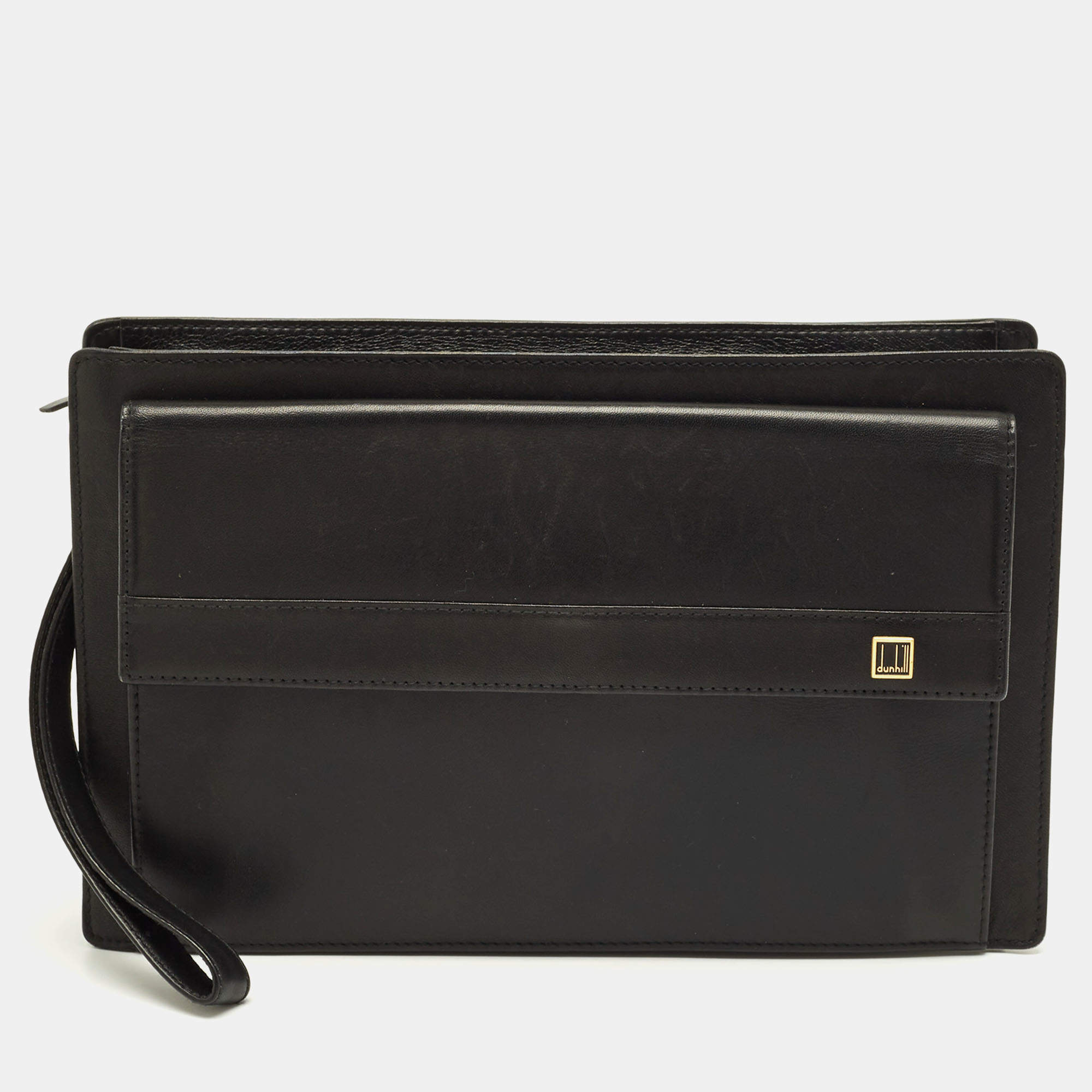 مملوكة مسبقًا Dunhill Black Wristlet Leather Zip Pouch
