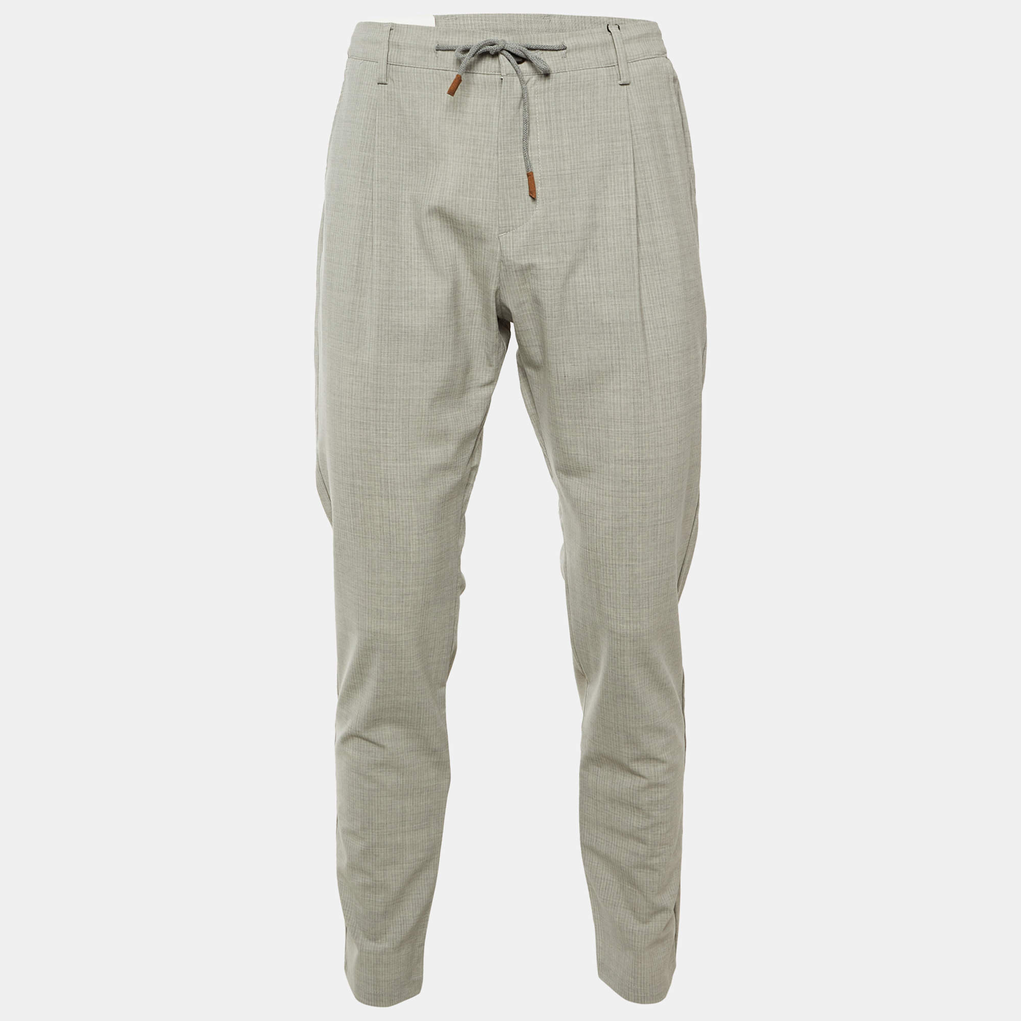 Pre Owned بنطلون إليفنتي صوف مخطط رمادي بثنيات مقاس كبير/خصر 34 بوصة