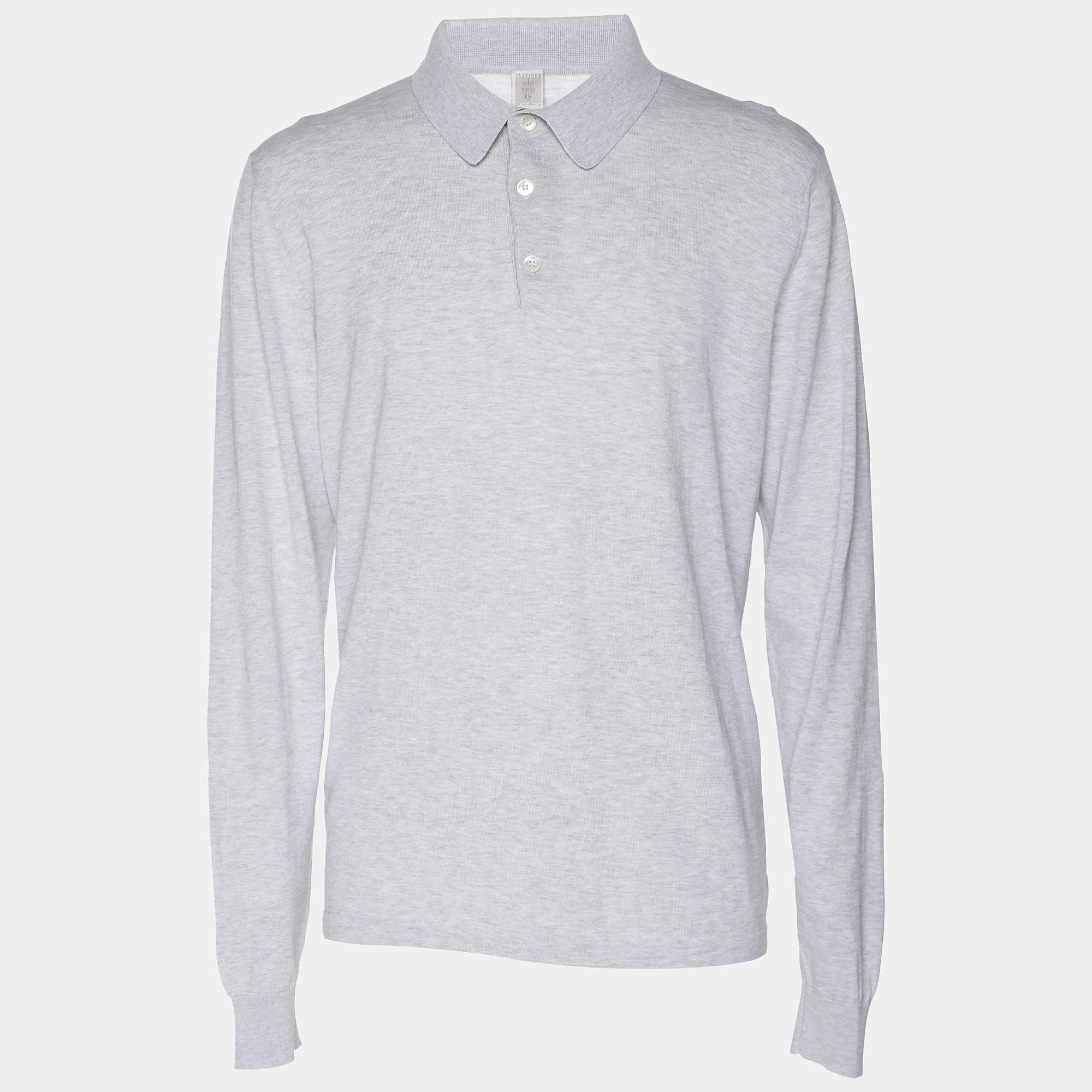 Eleventy Grey Knit Button Full Sleeve Polo T-Shirt L