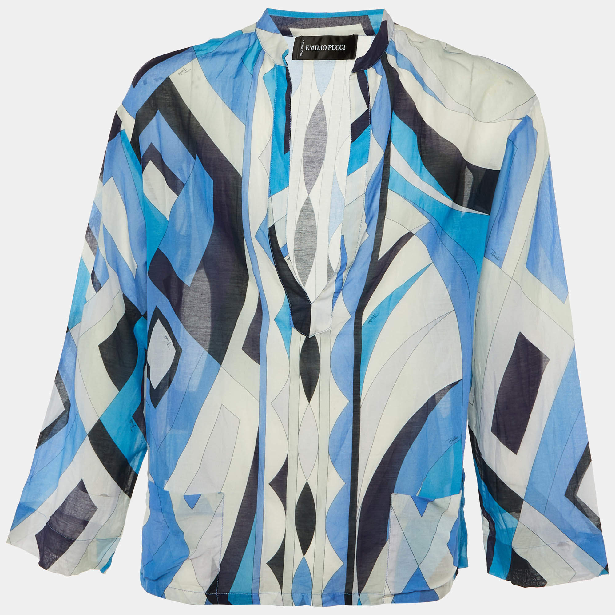 Pre Owned Emilio Pucci Blue Printed Cotton & Silk V Neck Shirt XL