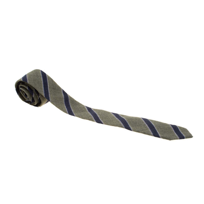 Emporio Armani Olive Green and Navy Blue Diagonal Striped Wool Tie