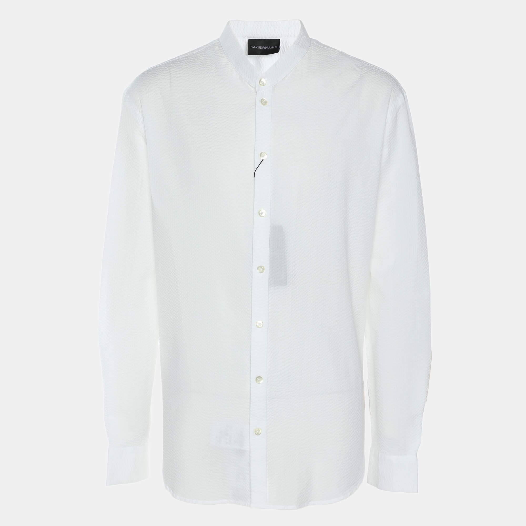 Emporio Armani White Textured Cotton Button Front Shirt L