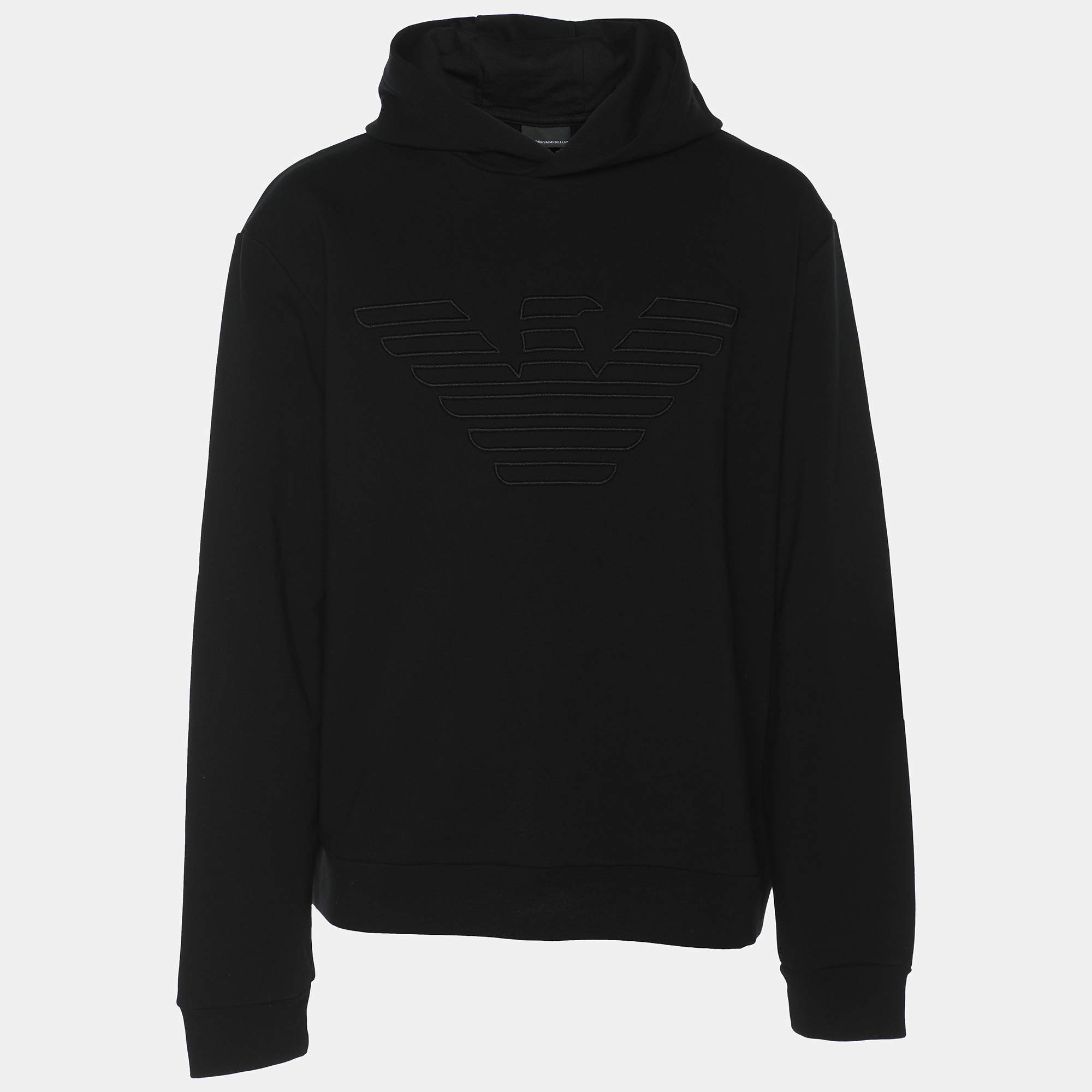 Pre Owned Emporio Armani Black Jersey Logo Embroidered Hoodie XL