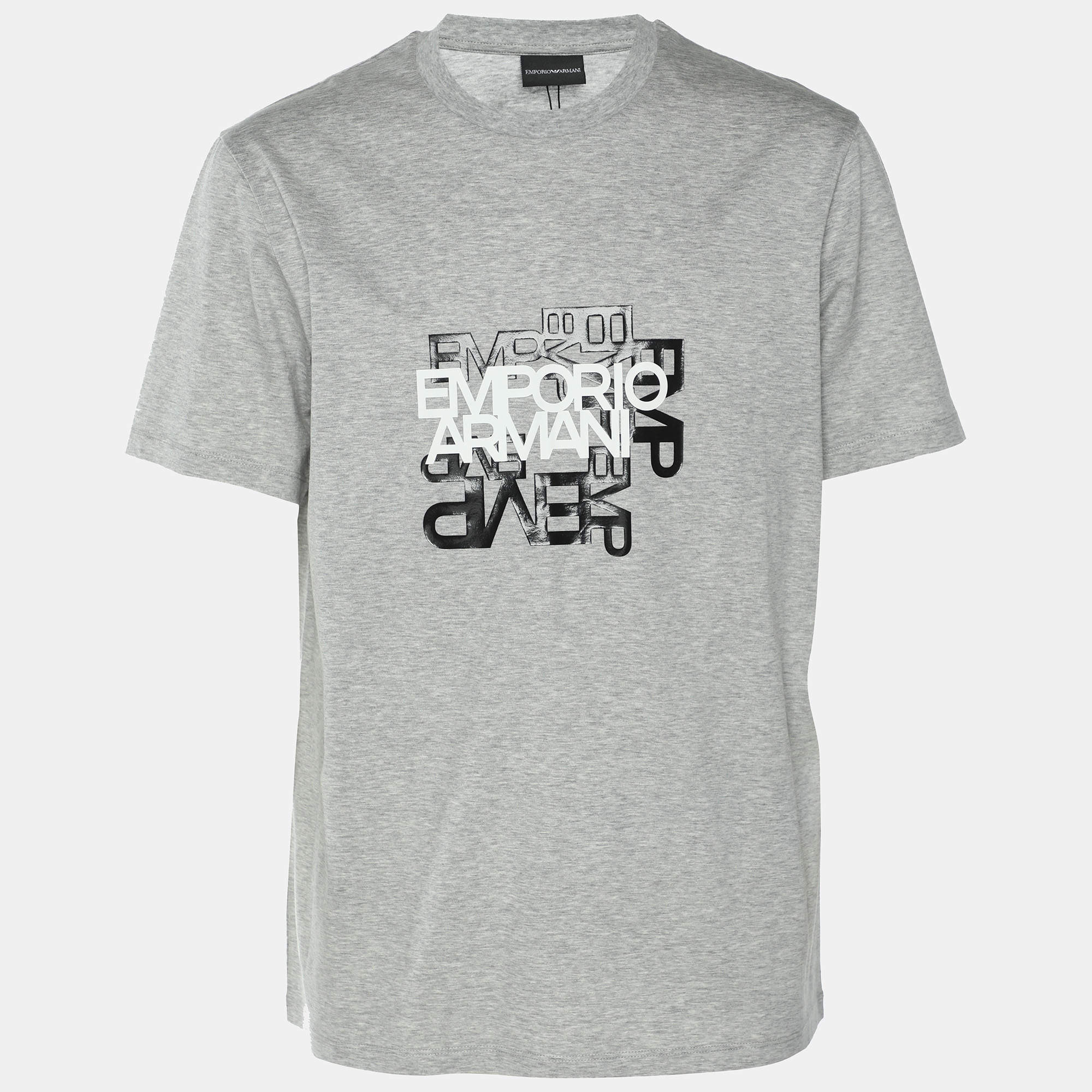 Pre Owned Emporio Armani Grey Cotton Logo Print Crew Neck T-Shirt XL