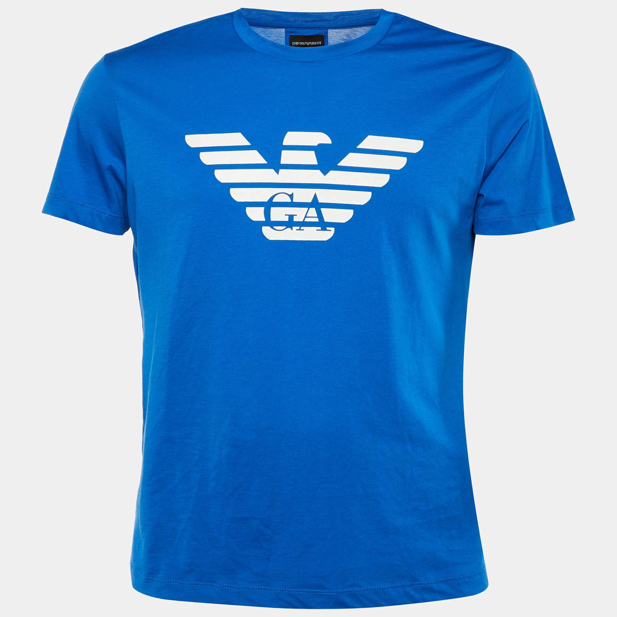 Pre Owned Emporio Armani Blue Logo Printed Cotton Knit T-Shirt L