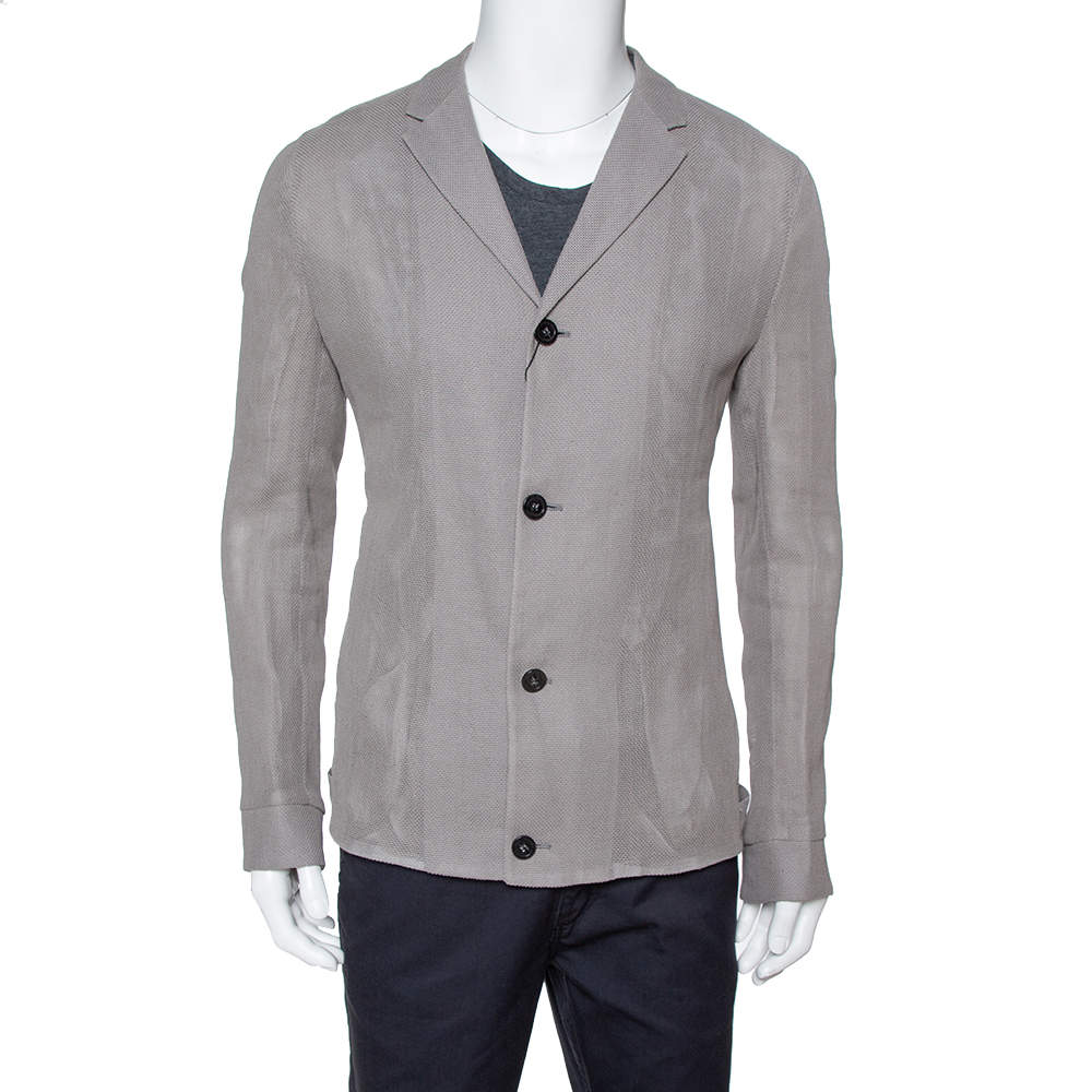 Pre Owned Emporio Armani Grey Linen & Cotton Leno Mesh Jacket XXL
