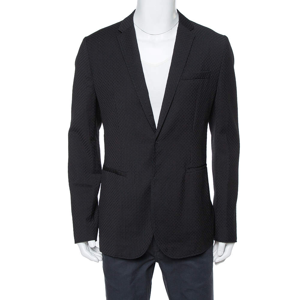 Pre Owned Emporio Armani Black Textured Wool Jacquard Tailored Blazer XXL
