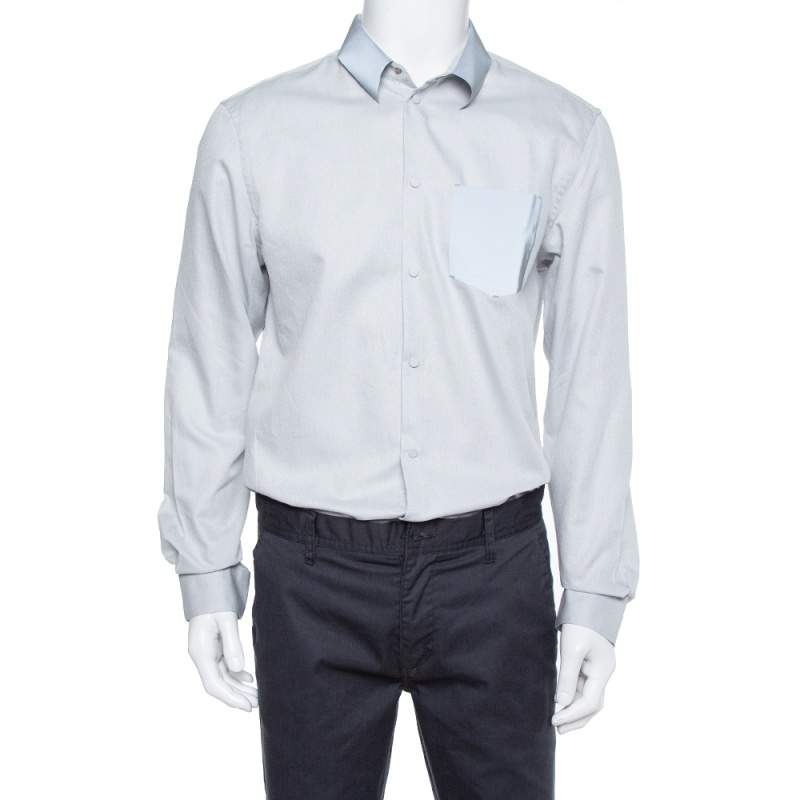 Pre Owned Emporio Armani Grey Textured Cotton Contrast Trim Shirt XL