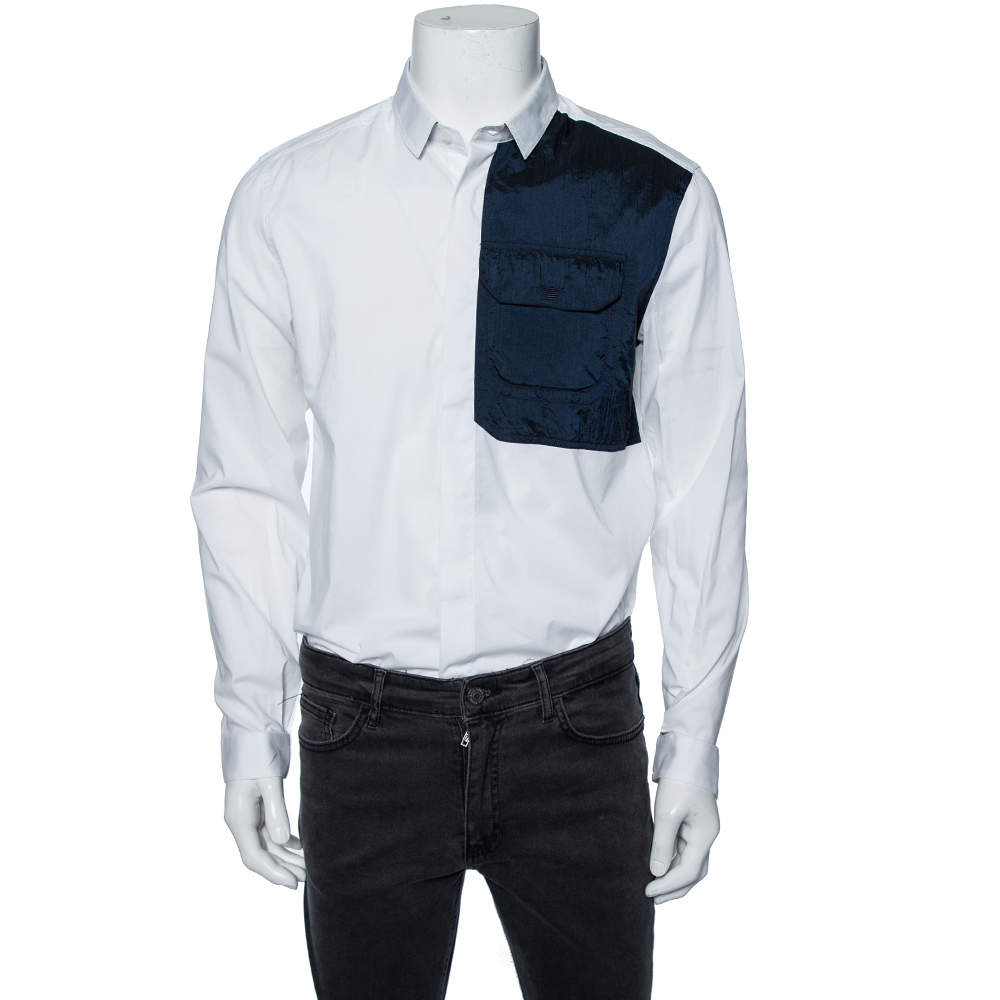 Pre Owned Emporio Armani White Cotton Contrast Synthetic Trim Detail Shirt L  