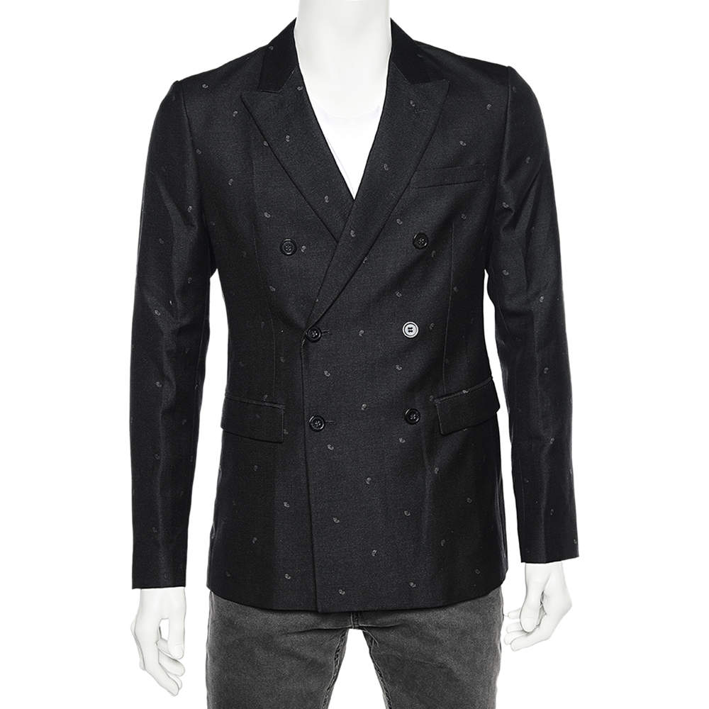 Emporio Armani Black Printed Wool Double Breasted Blazer M