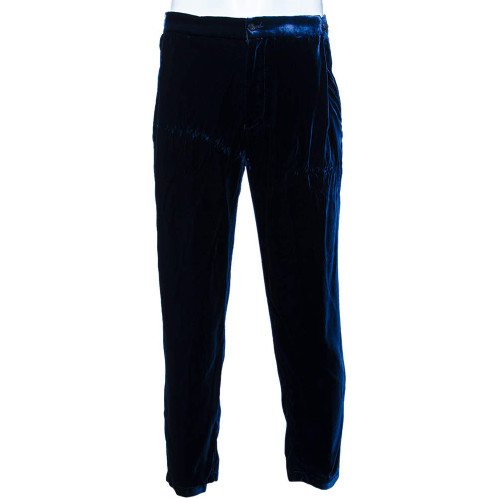 Pre Owned Emporio Armani Navy Blue Velvet Side Tightener Detail Pants XXL