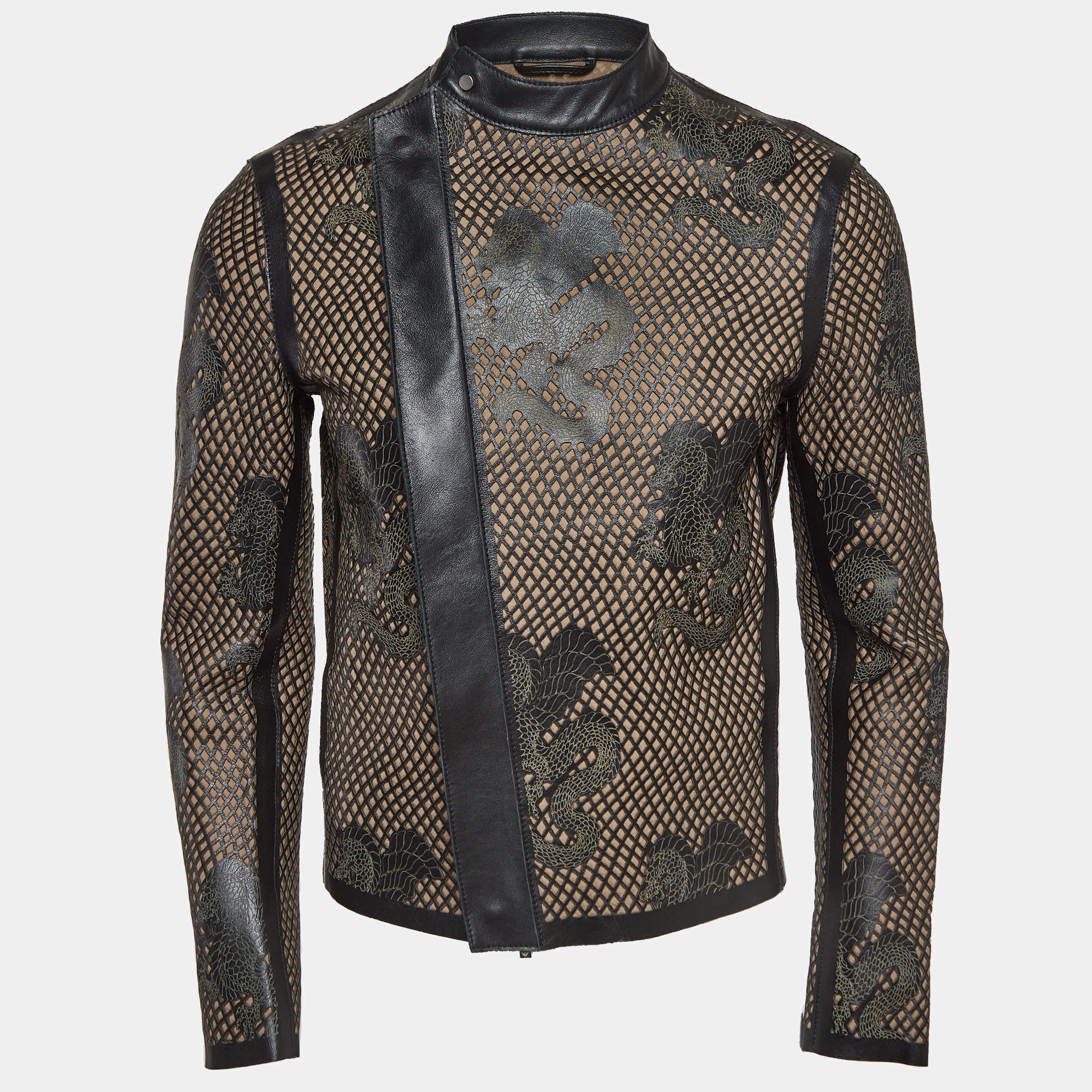 Pre Owned Emporio Armani Brown Cut-Out Leather Zipper Jacket L