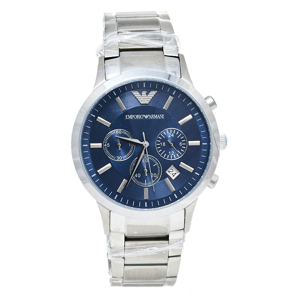 Pre Owned Emporio Armani Blue Stainless Steel Classic Chronograph AR2448 Men's Wristwatch 43 mm