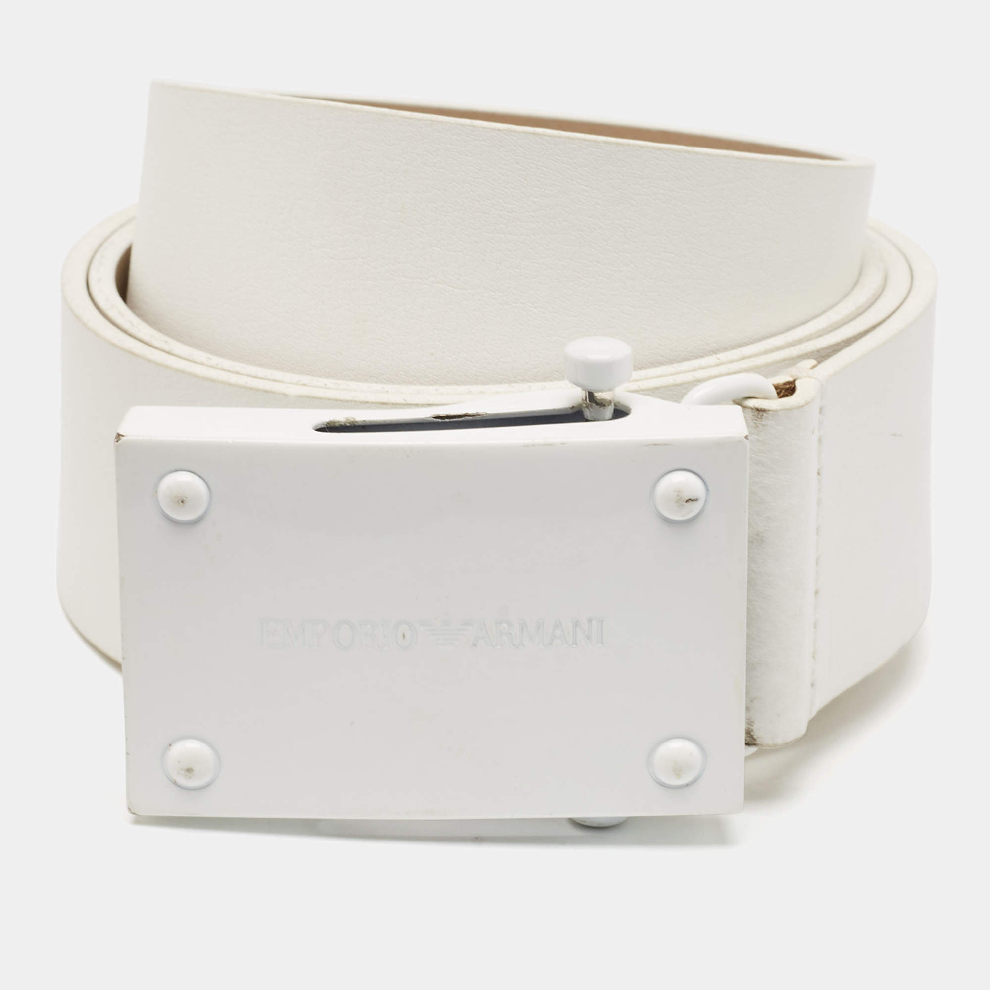Emporio Armani White Leather Cut to Size Logo Buckle Belt