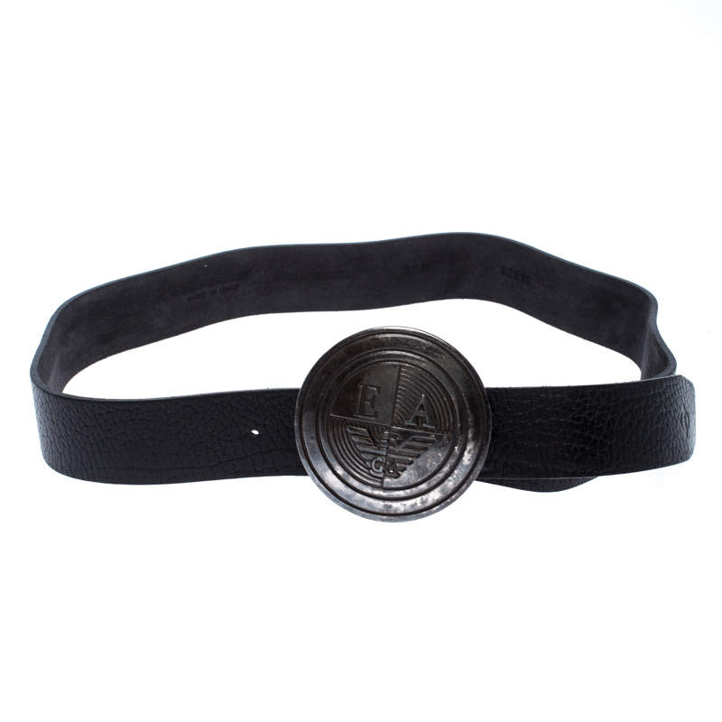 Emporio Armani Black Leather Logo Round Buckle Belt 130CM
