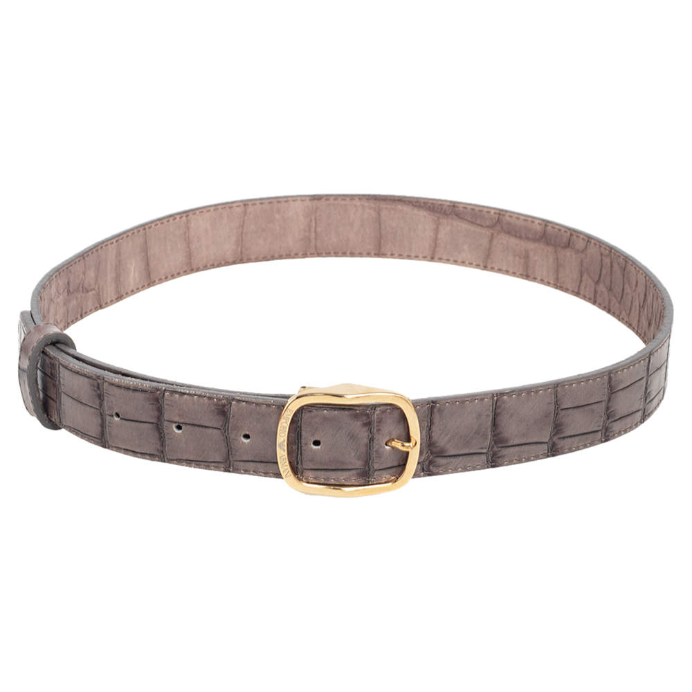 Pre Owned Emporio Armani Grey/Black Crocodile Embossed Leather Buckle Belt