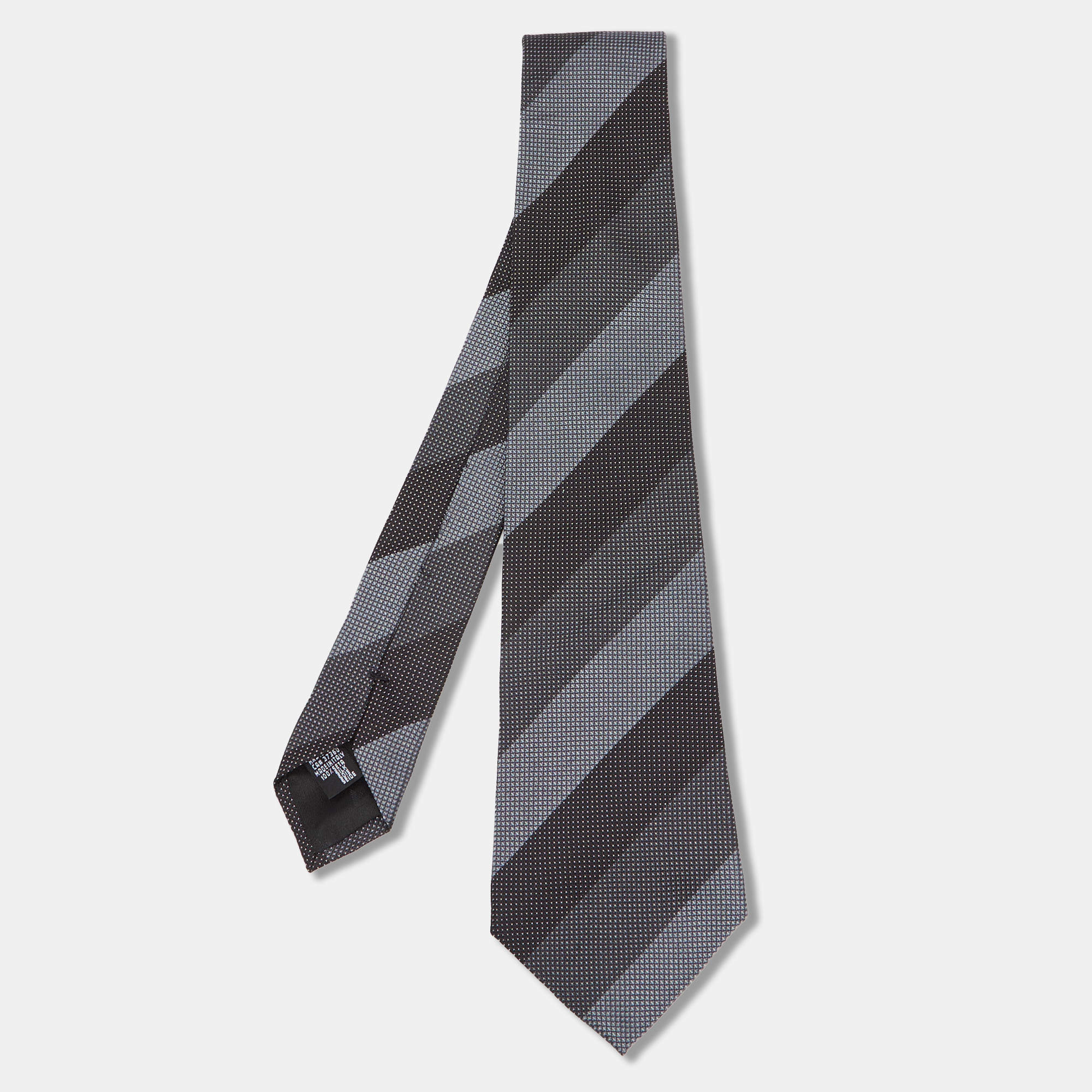 Pre Owned Emporio Armani Grey Striped Micro Jacquard Silk Tie