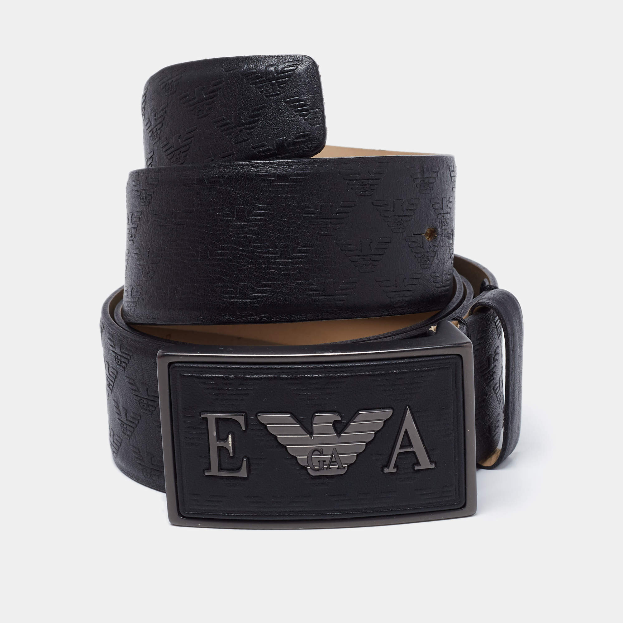 Pre Owned Emporio Armani Black Monogram Leather Buckle Belt