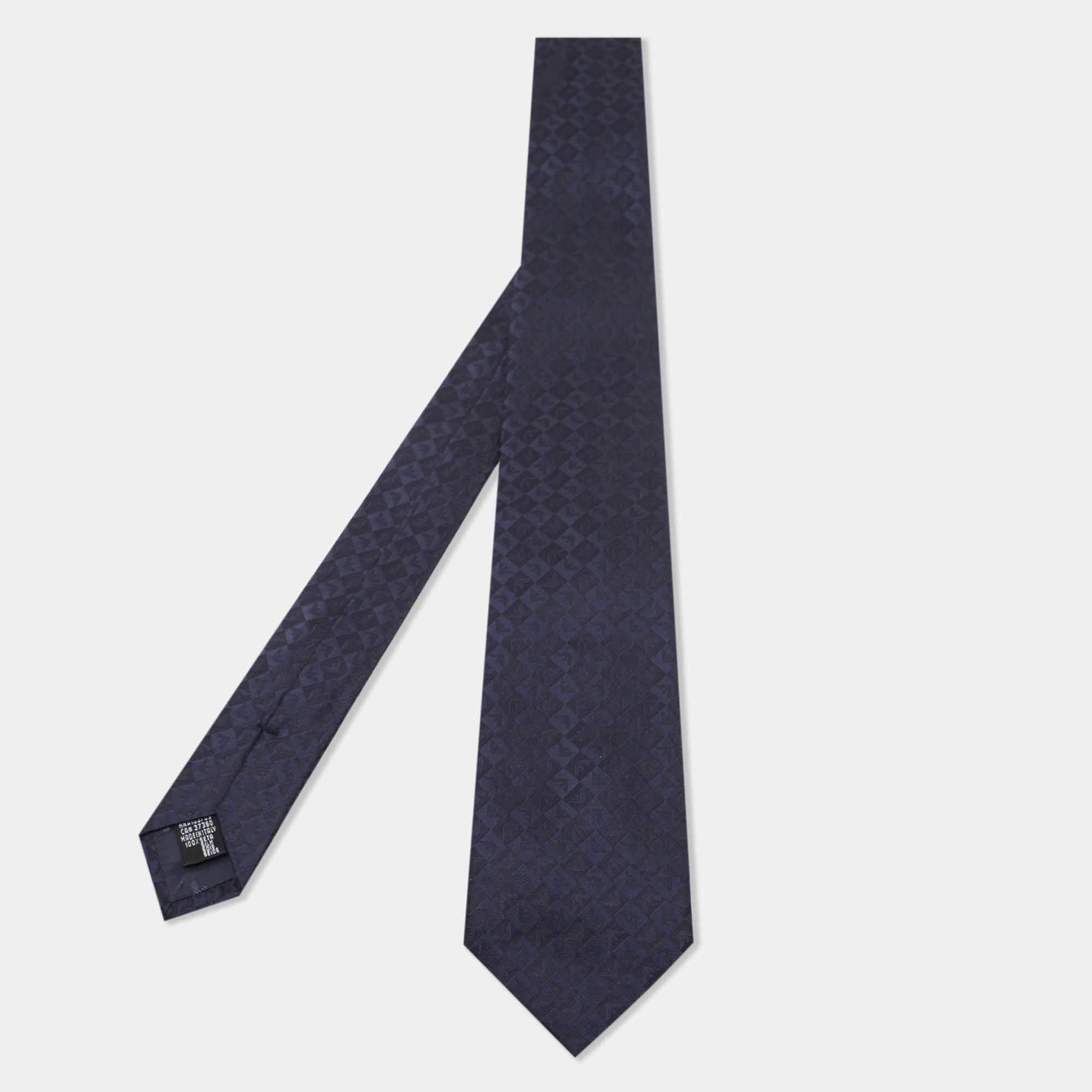 Pre Owned Emporio Armani Dark Blue Logo Embroidered Silk Tie
