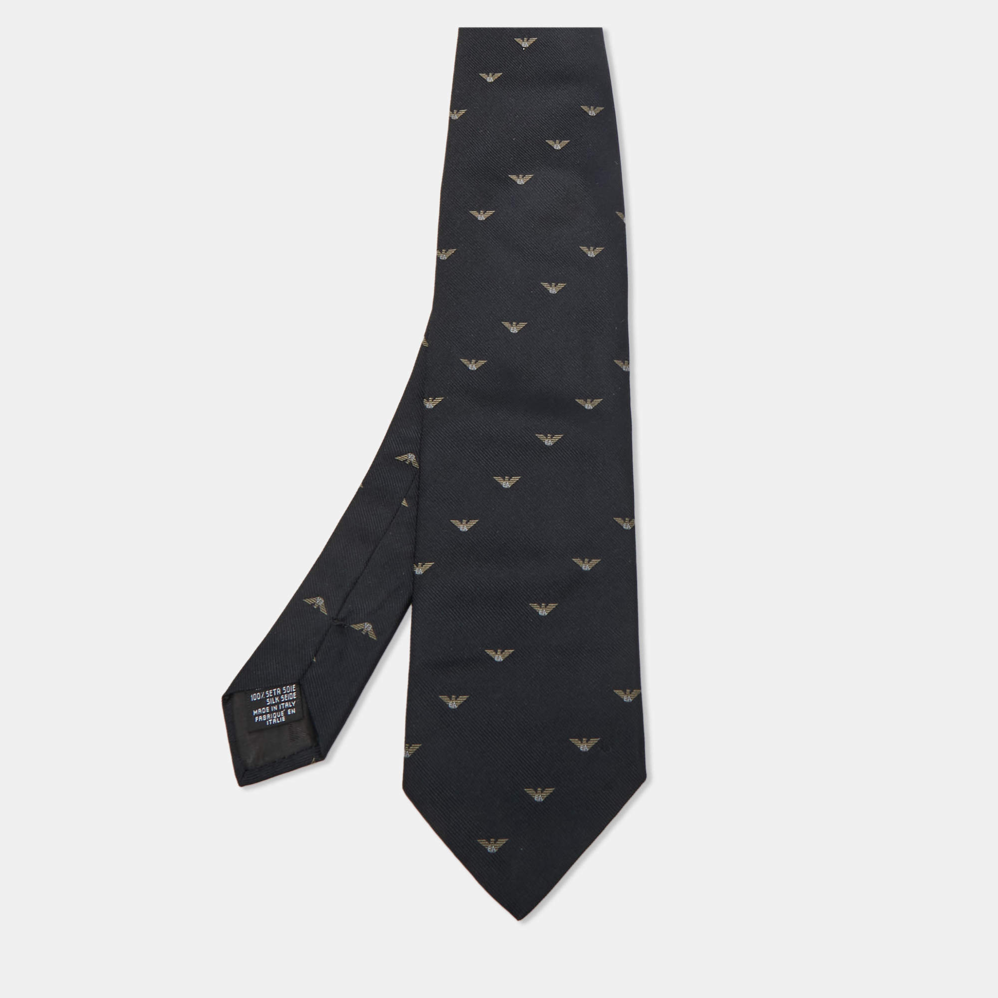 Pre Owned Emporio Armani Vintage Black Logo Silk Jacquard Tie