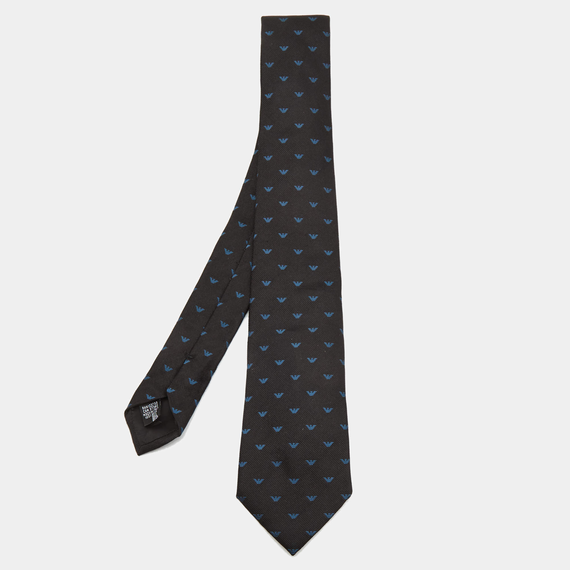 Pre Owned Emporio Armani Black/Blue Logo Silk Jacquard Tie