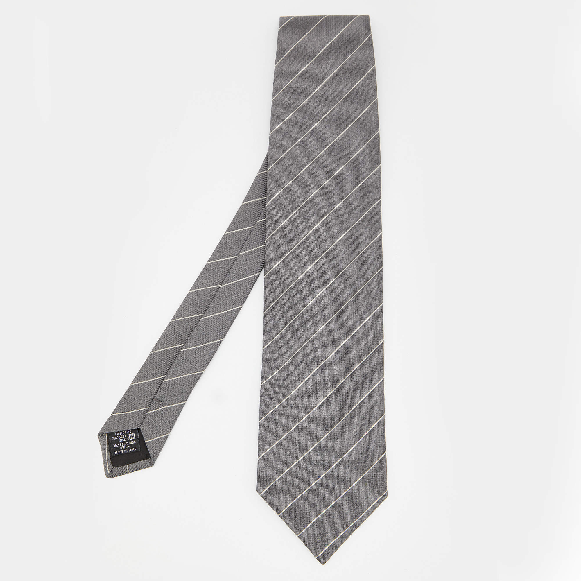 Pre Owned Emporio Armani Grey Striped Silk  Tie