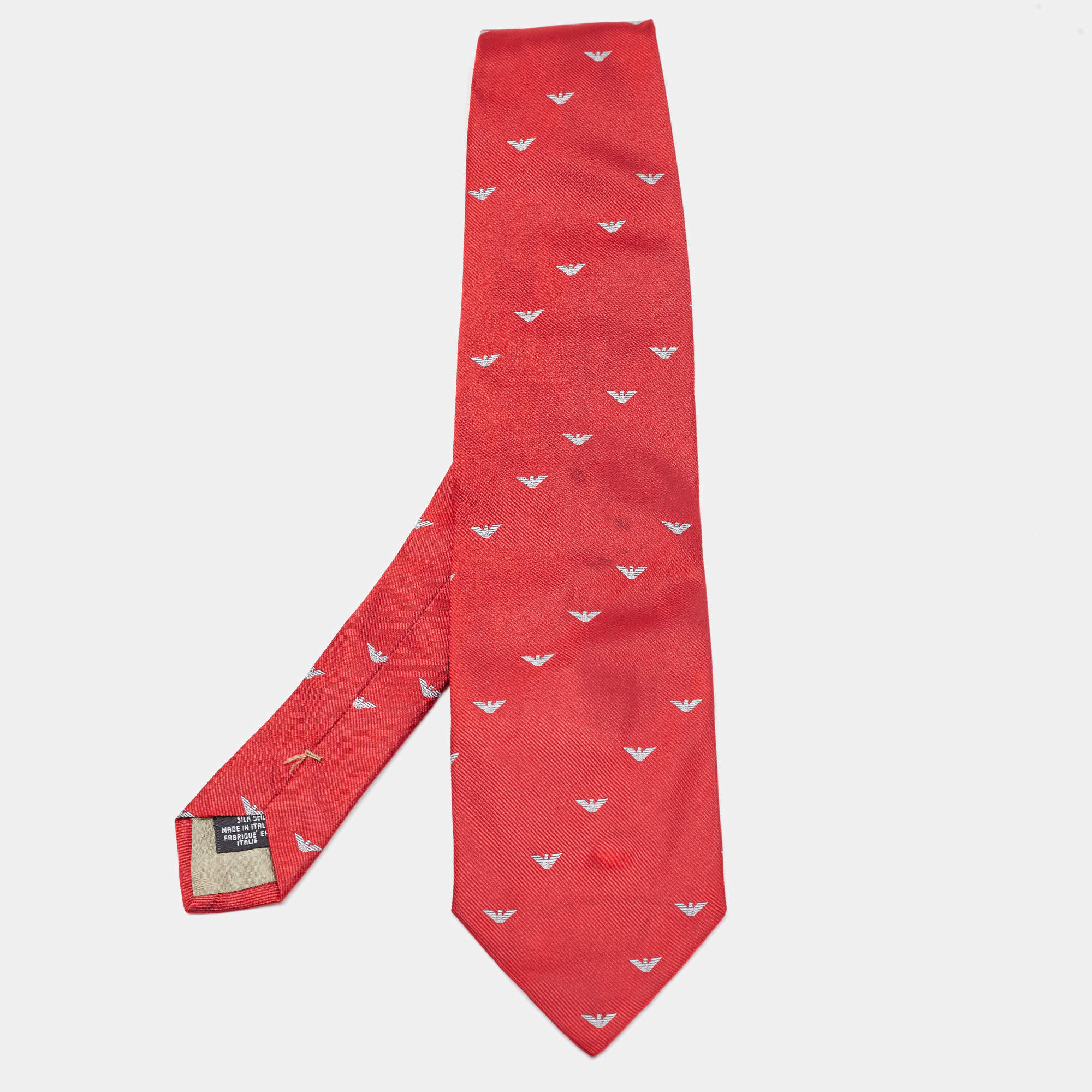 Emporio Armani Red Logo Patterned Silk Traditional Tie Emporio