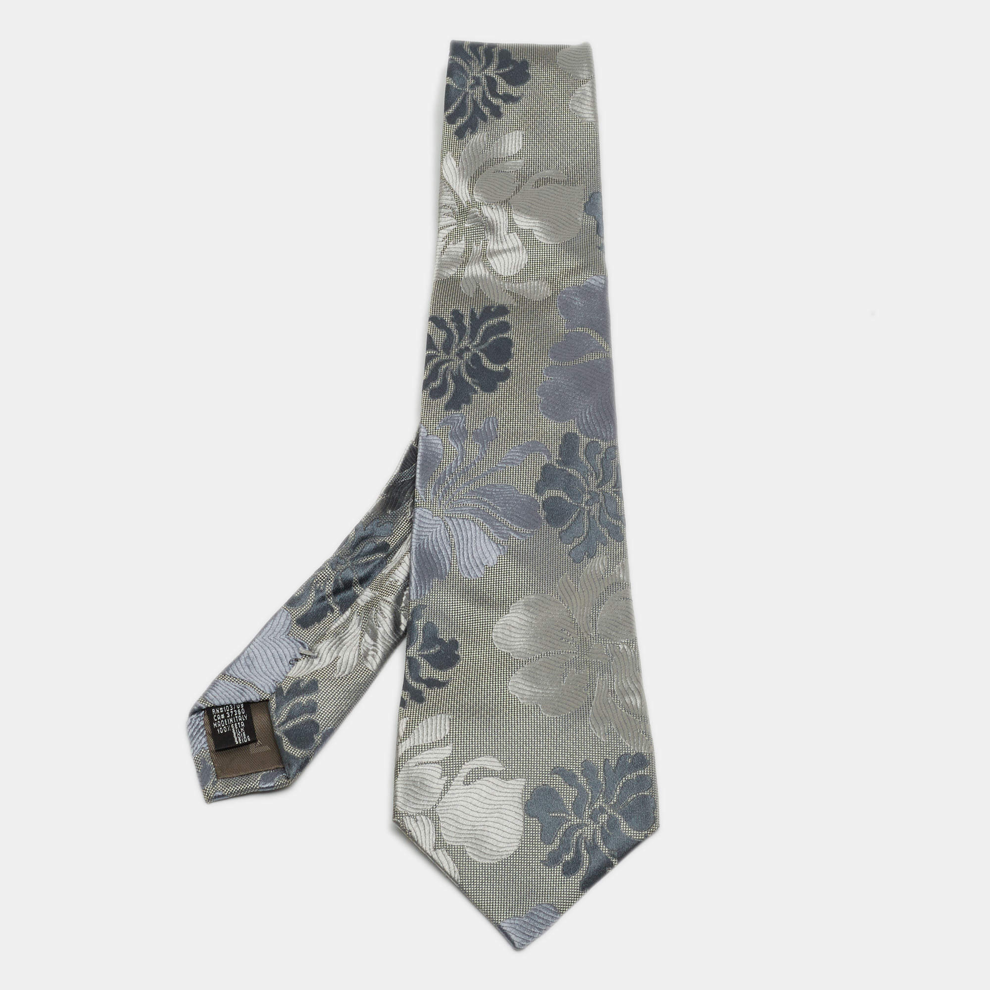 Emporio Armani Grey Floral Patterned Silk Traditional Tie