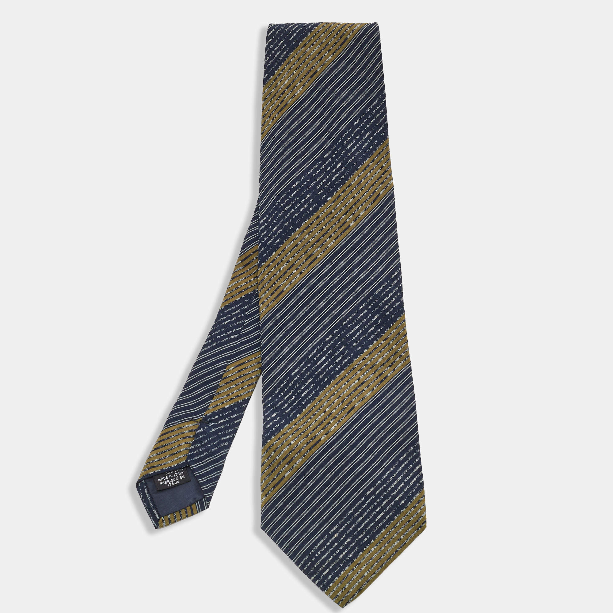 Pre Owned Emporio Armani Navy Striped Silk Traditional Tie