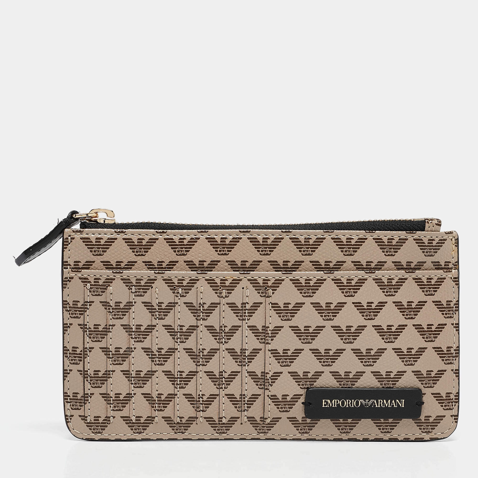 Pre Owned Emporio Armani Beige Signature Leather and PVC Zip Card Holder