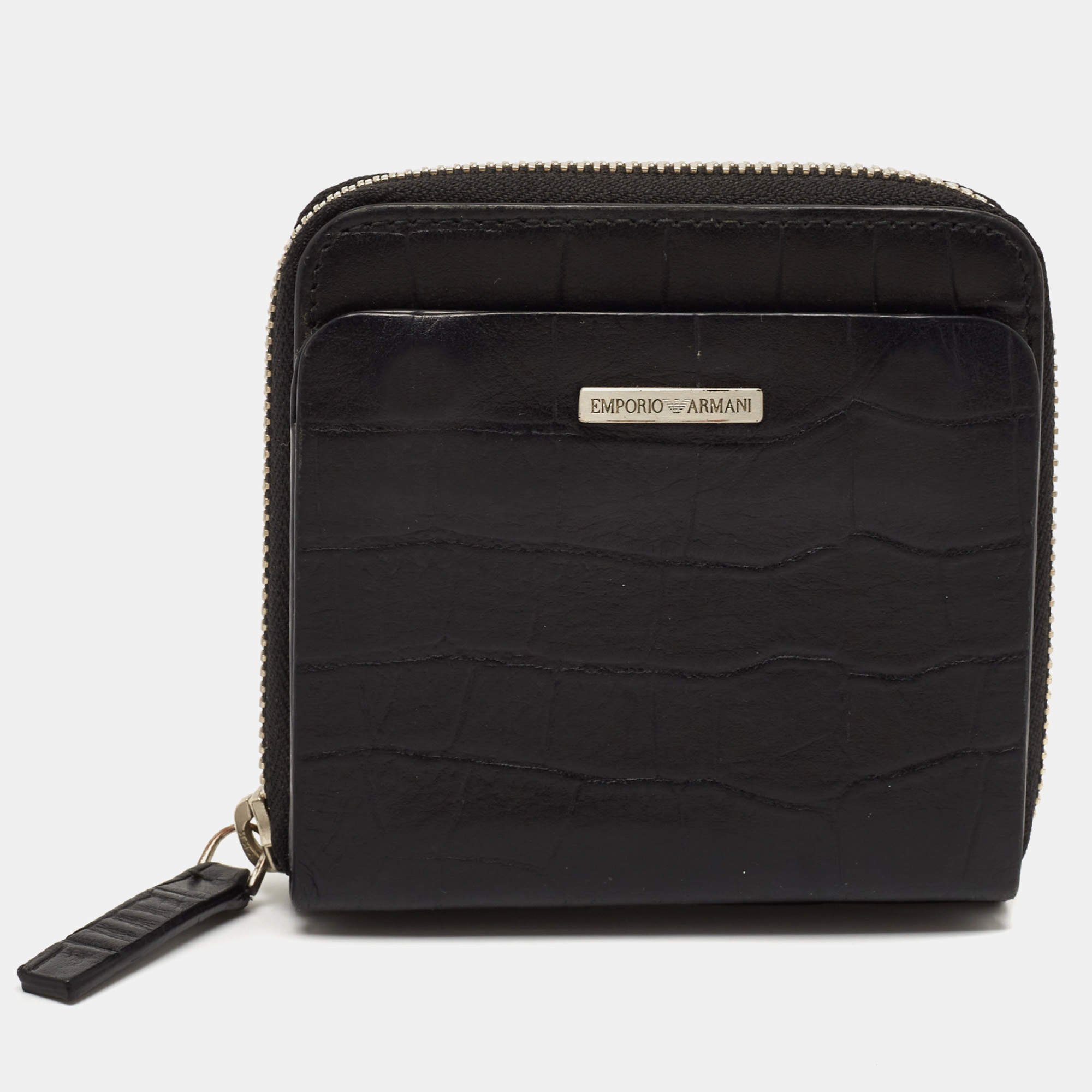 Emporio Armani Black Croc Embossed Leather Zip Around Compact Wallet